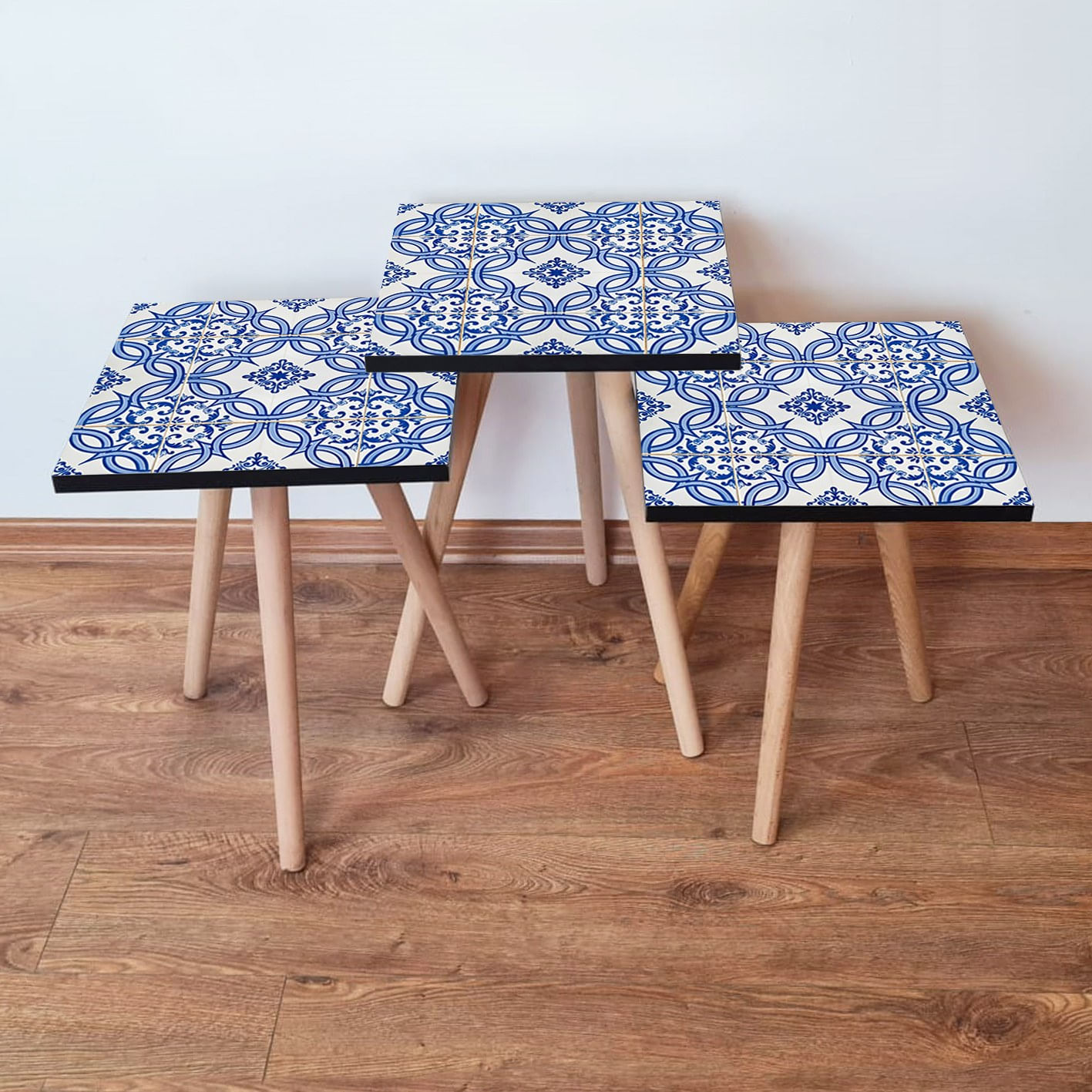 Set masute de cafea, Hanah Home, mdf, albastru marin, albastru, alb, 35x35x52 cm