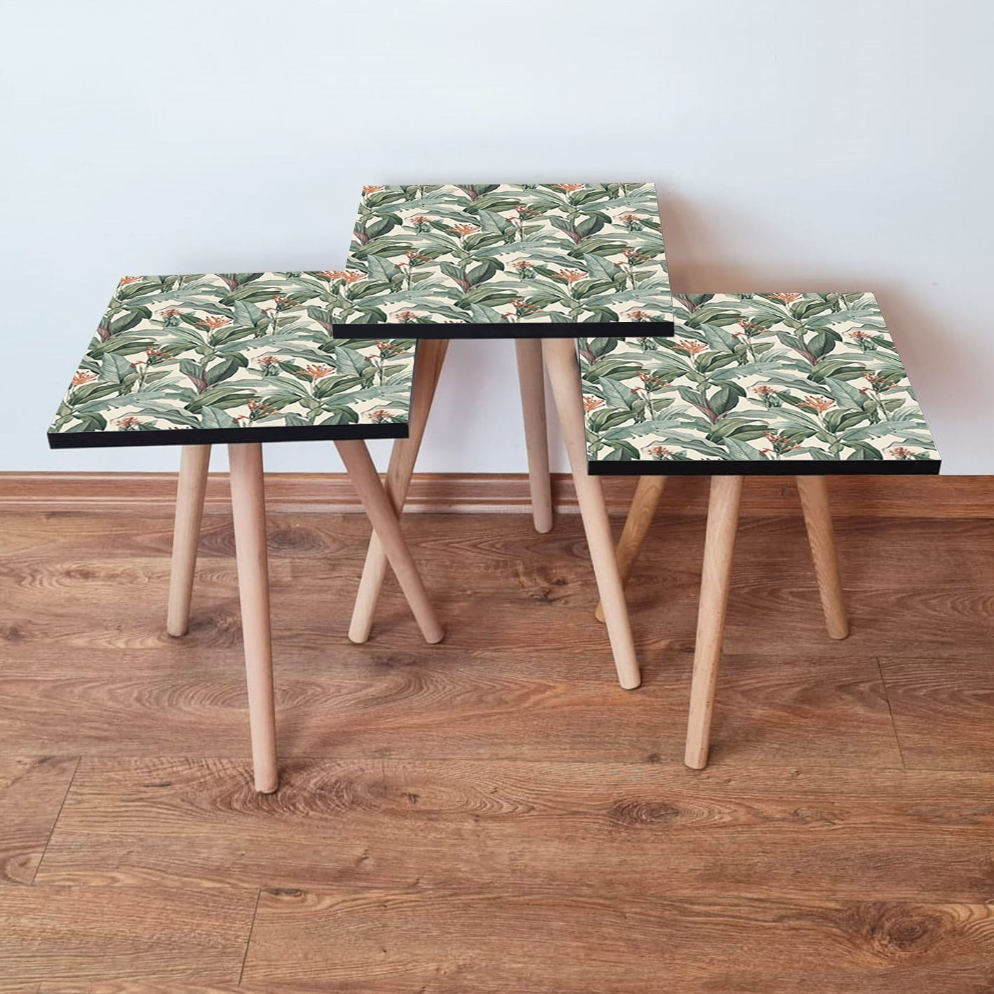 Set masute de cafea, Hanah Home, mdf, verde crem portocaliu, 3 piese, 35x35x52 cm