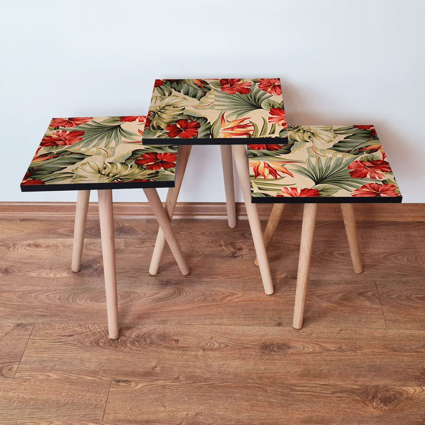 Set masute de cafea cuib, Hanah Home, mdf, bej rosu verde, 35x35x52 cm