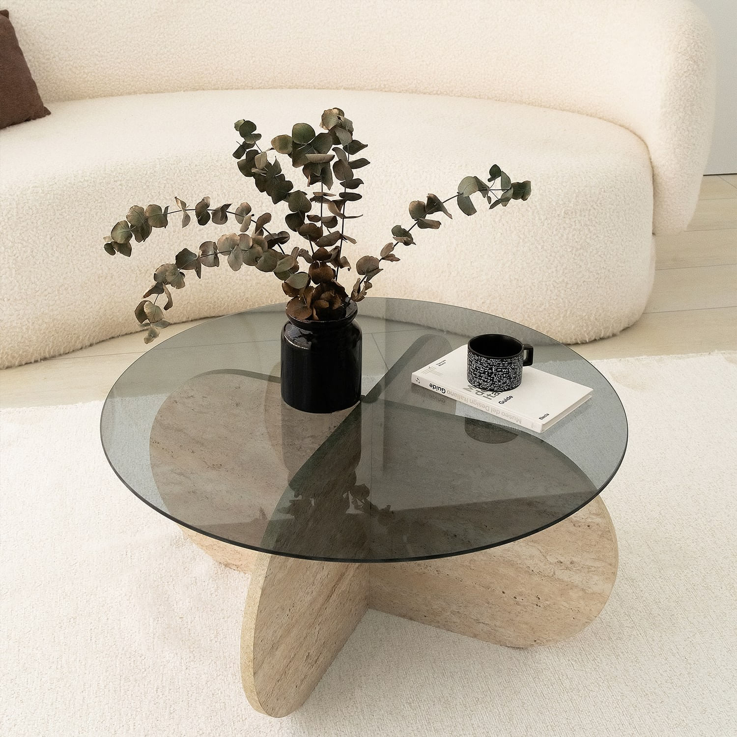 Masa de cafea, Hanah Home, sticla si PAL melaminat, travertin si fum, 75x35 cm — imaginea 5