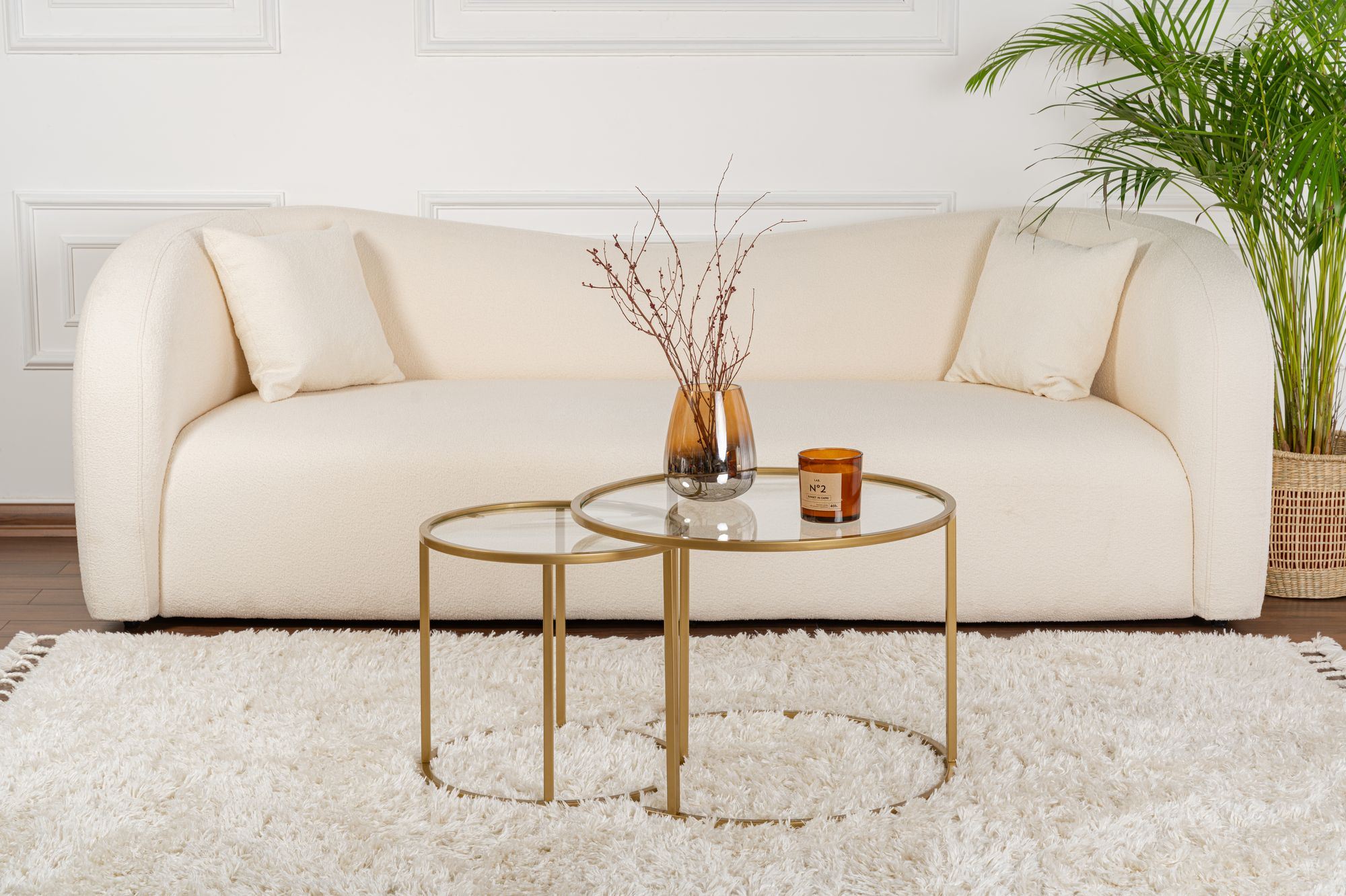 Set masute de cafea, Hanah Home, sticla temperata, auriu, metal, 60x60x43 cm, 42x42x39 cm