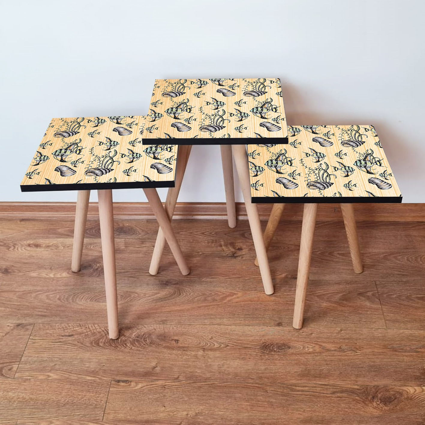 Set masute de cafea, Hanah Home, mdf, bej, albastru, negru, alb, picioare lemn fag, 35x35x52 cm