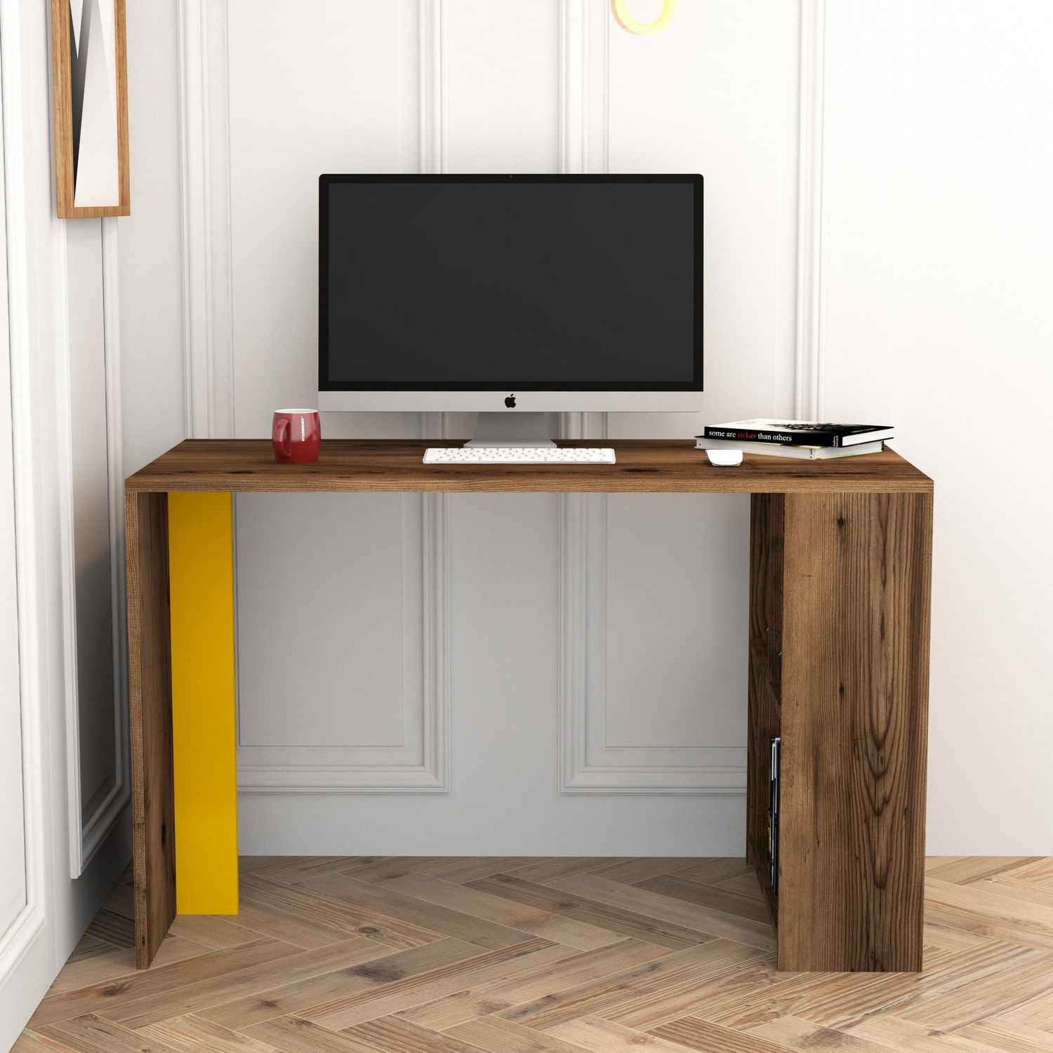 Birou de studiu, Hanah Home, pal melaminat, nuc si galben, 120x60x75.4 cm — imaginea 2