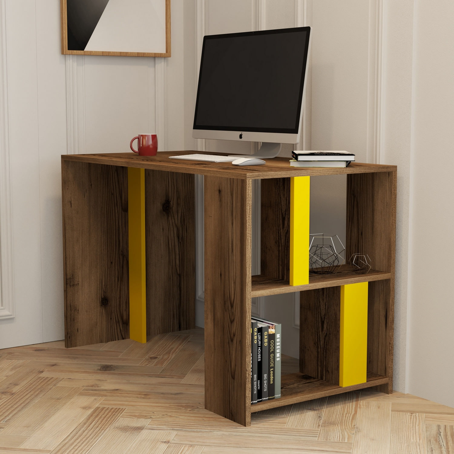 Birou de studiu, Hanah Home, pal melaminat, nuc si galben, 120x60x75.4 cm — imaginea 3