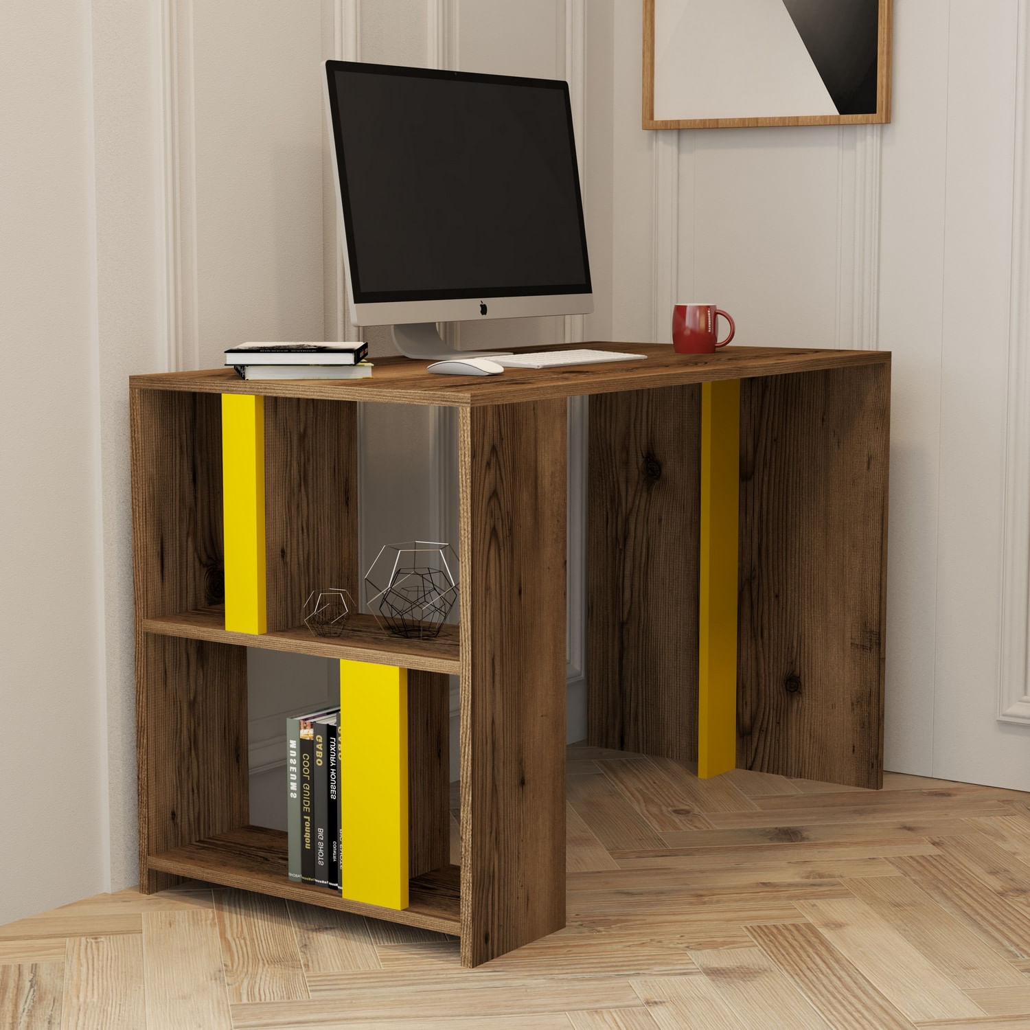 Birou de studiu, Hanah Home, pal melaminat, nuc si galben, 120x60x75.4 cm — imaginea 4