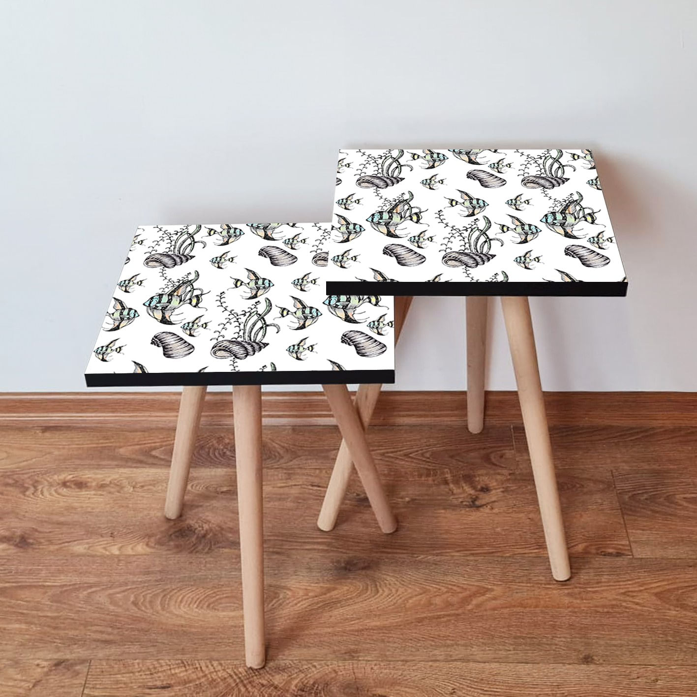 Set masute suprapuse, Hanah Home, mdf, alb/negru/verde/albastru, 35x47x35 cm, picioare lemn de fag