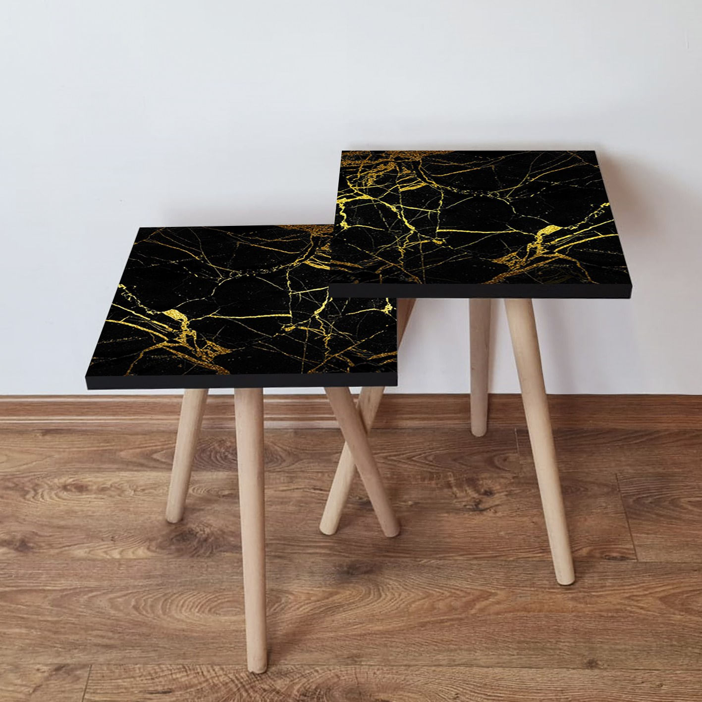 Set masute de cafea, Hanah Home, mdf, negru auriu, 35x35x47 cm, 35x35x42 cm