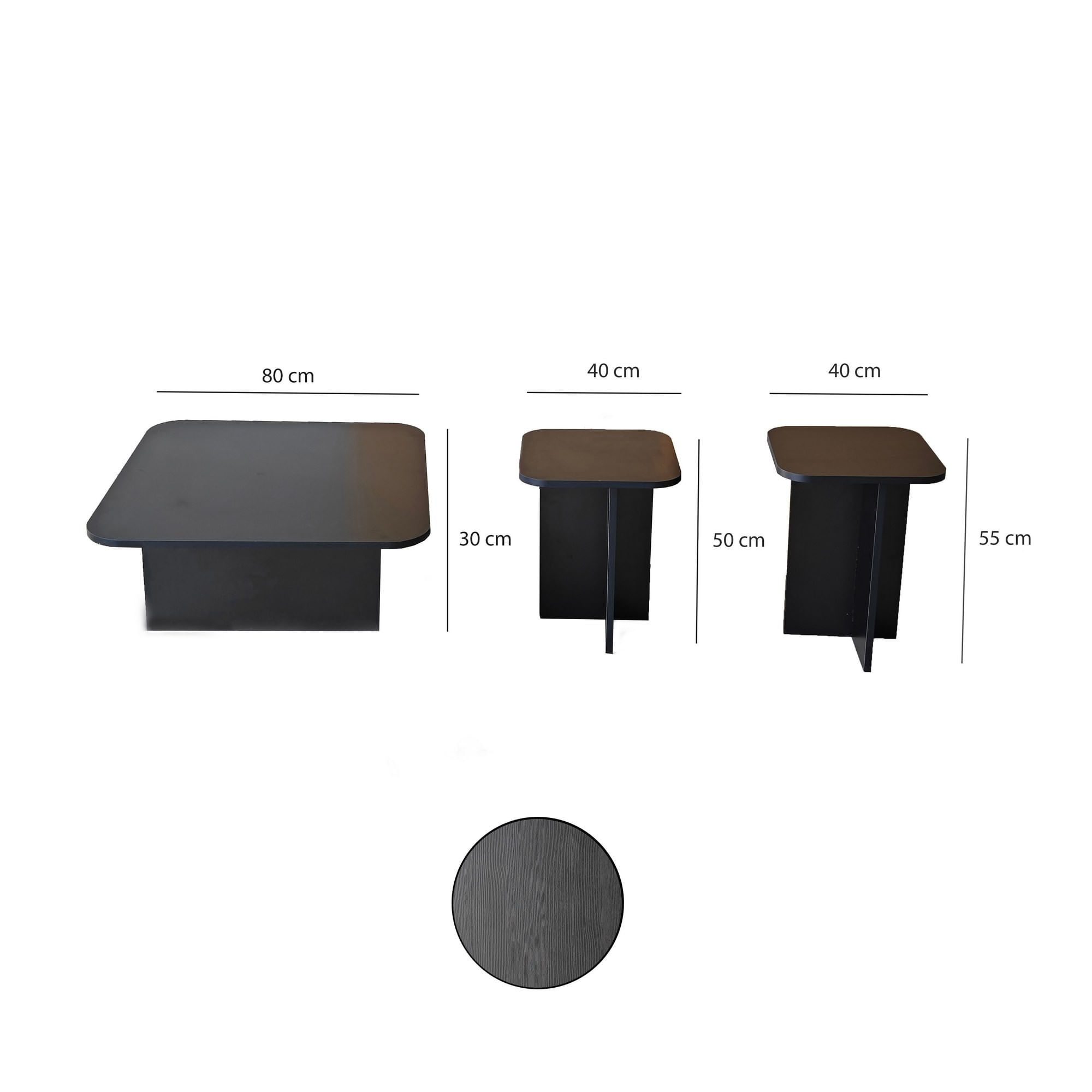 Set masute de cafea, Hanah Home, pal melaminat, negru, 80x80x30 cm, 40x40x50 cm, 40x40x55 cm