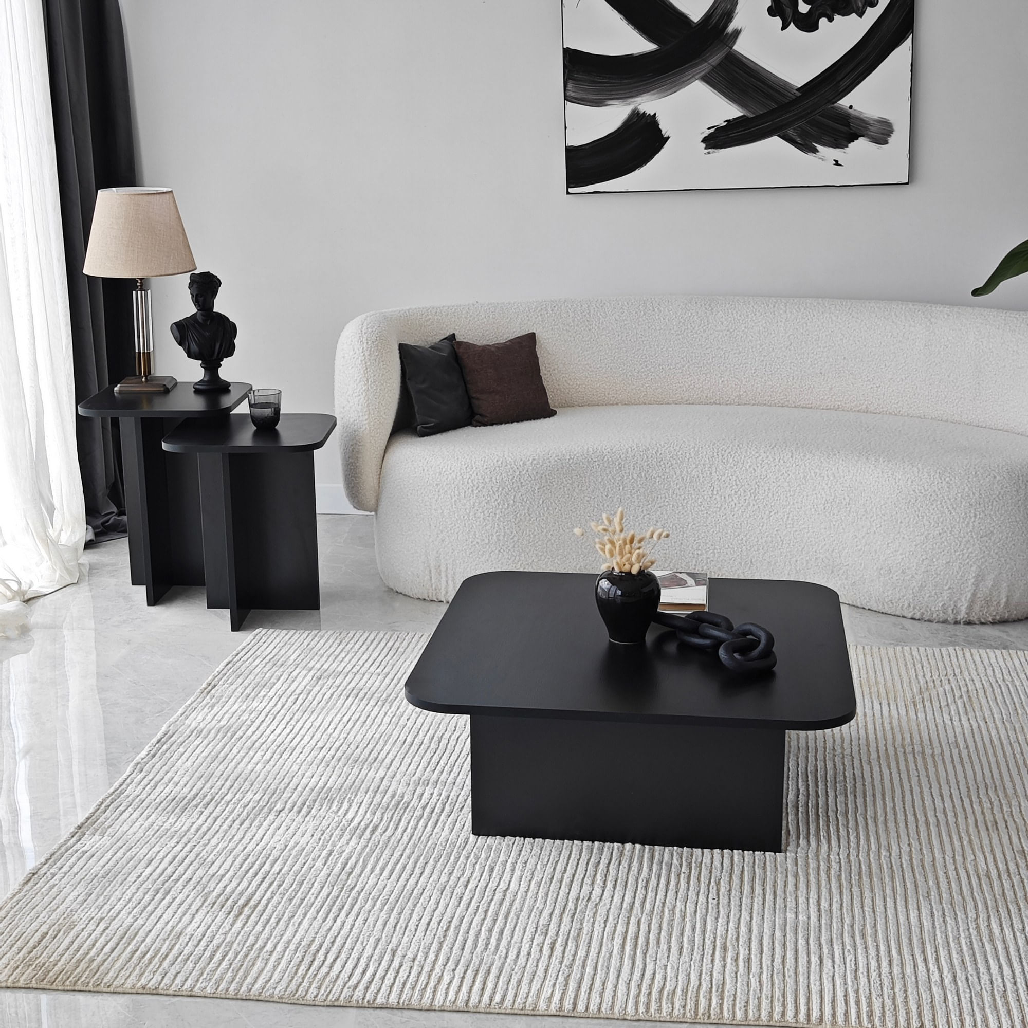 Set masute de cafea, Hanah Home, pal melaminat, negru, 80x80x30 cm, 40x40x50 cm, 40x40x55 cm — imaginea 3