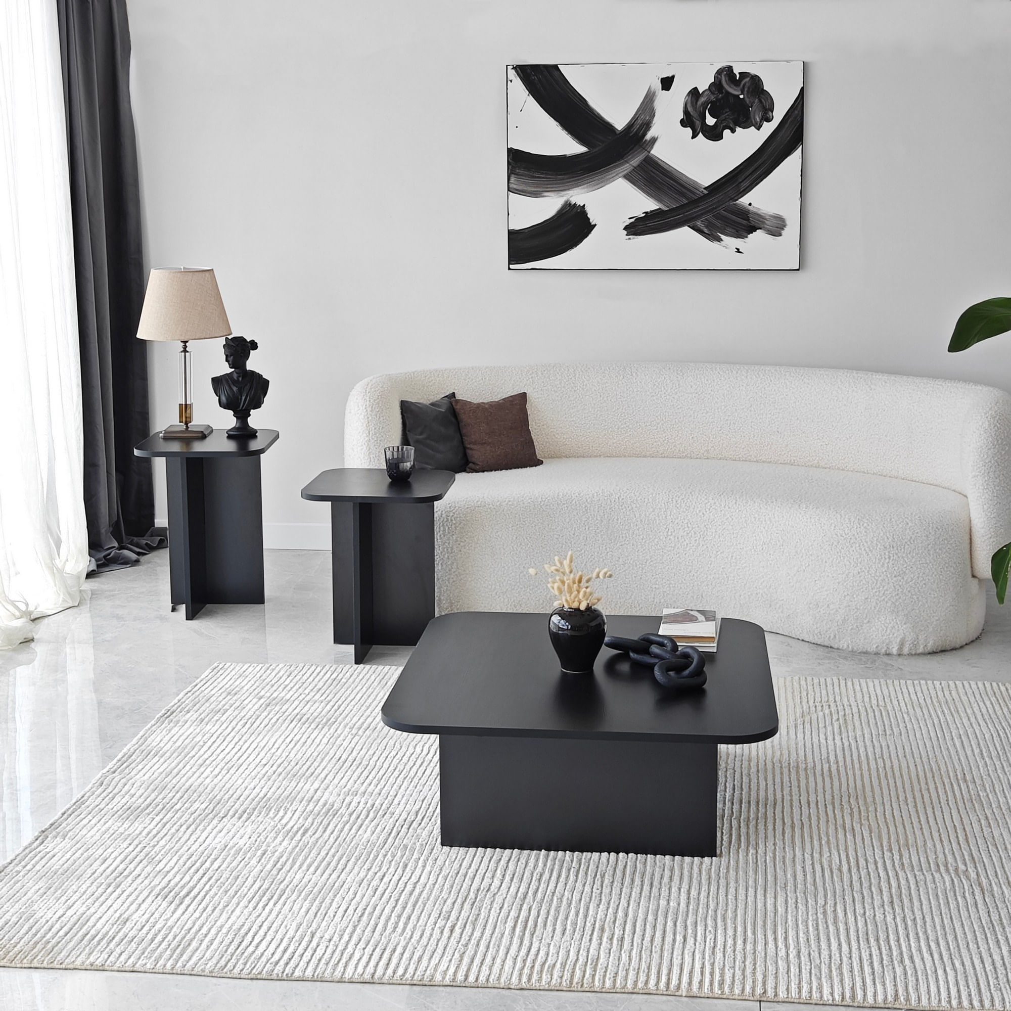 Set masute de cafea, Hanah Home, pal melaminat, negru, 80x80x30 cm, 40x40x50 cm, 40x40x55 cm — imaginea 6
