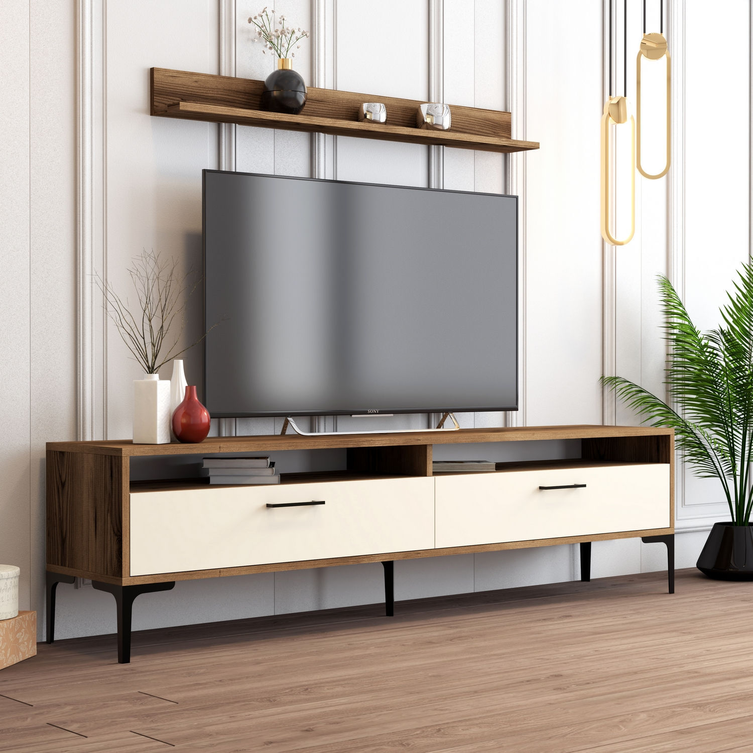 Comoda tv, Hanah Home, pal melaminat, nuc si crem, 180x47x35 cm, 845HCT3099 — imaginea 3