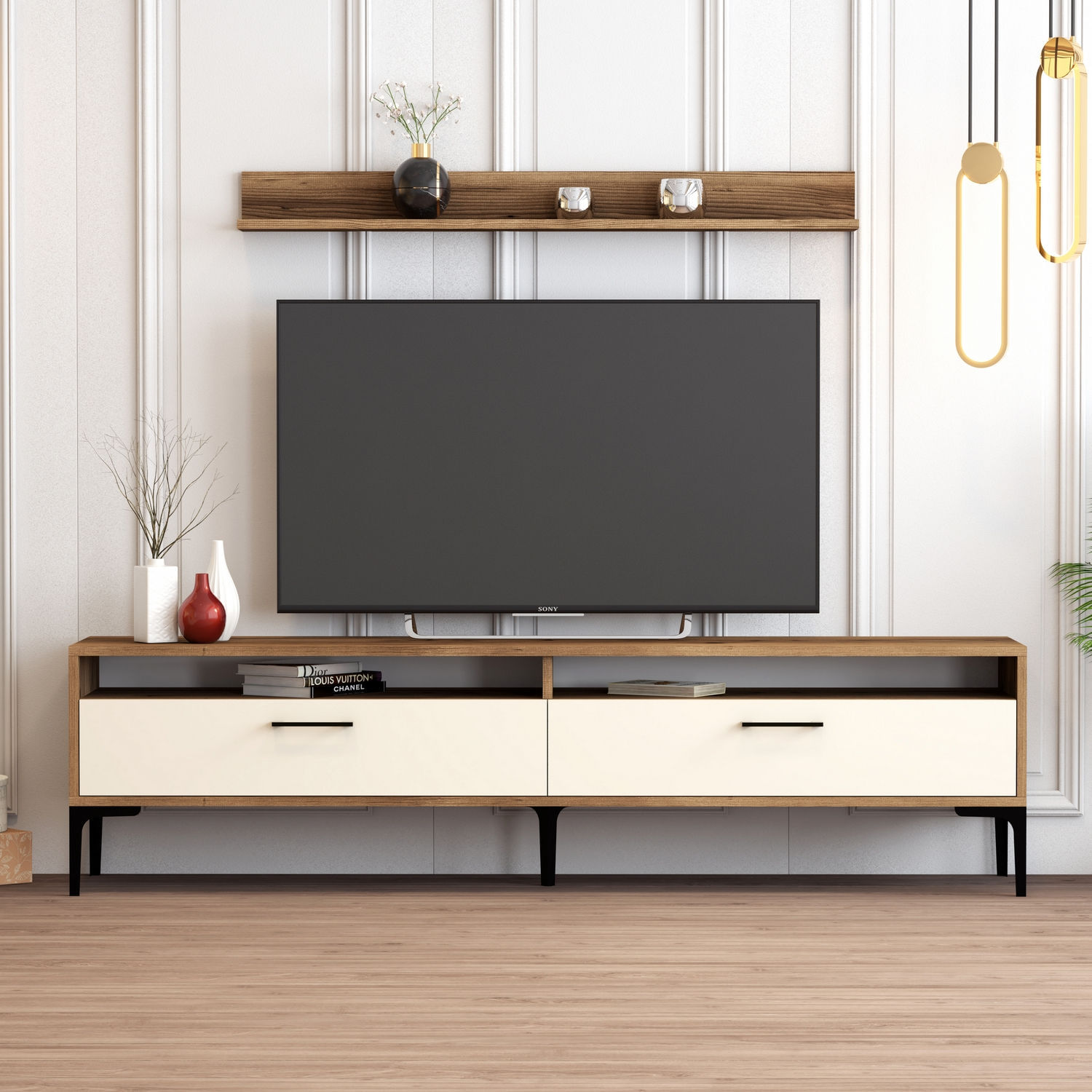 Comoda tv, Hanah Home, pal melaminat, nuc si crem, 180x47x35 cm, 845HCT3099 — imaginea 5