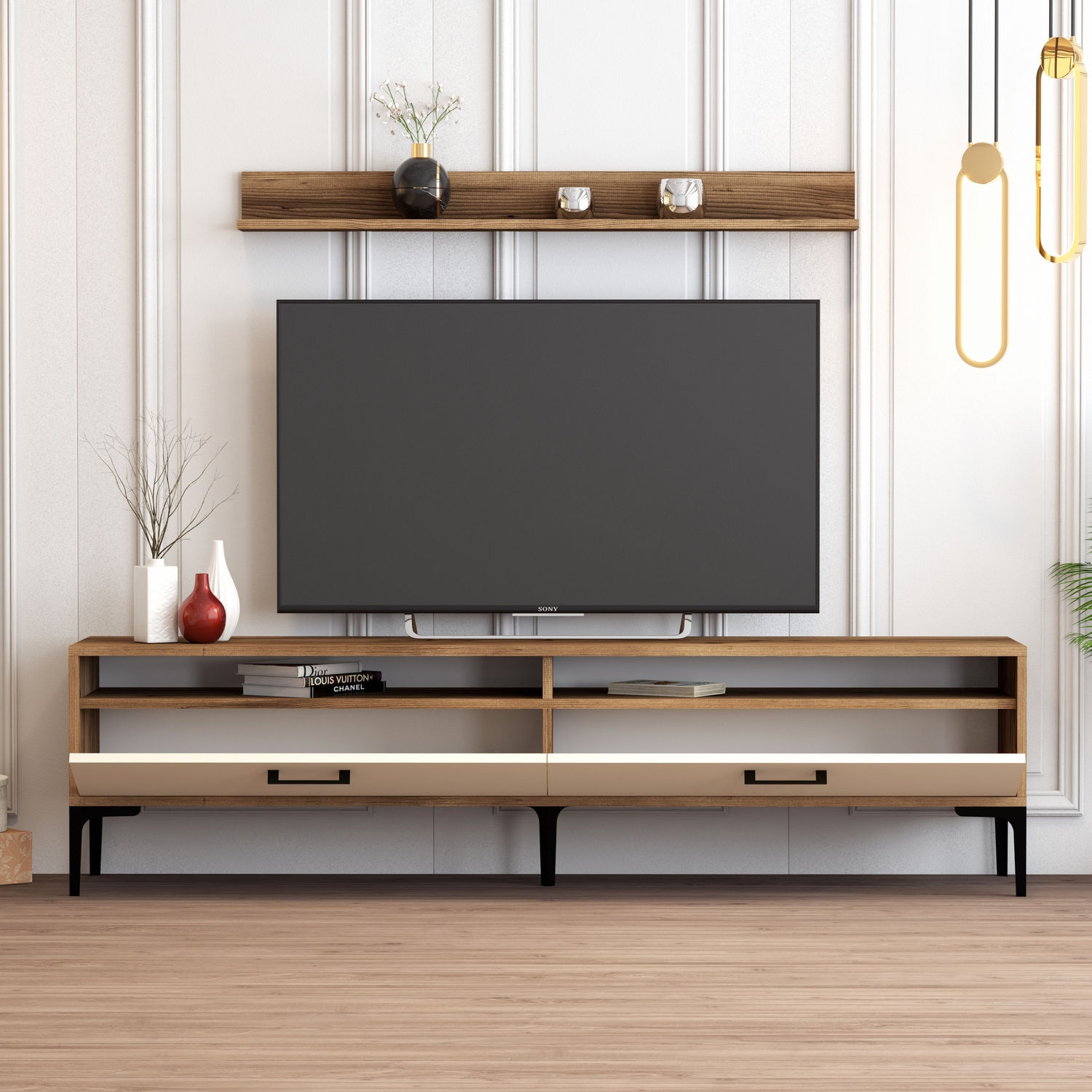 Comoda tv, Hanah Home, pal melaminat, nuc si crem, 180x47x35 cm, 845HCT3099 — imaginea 6