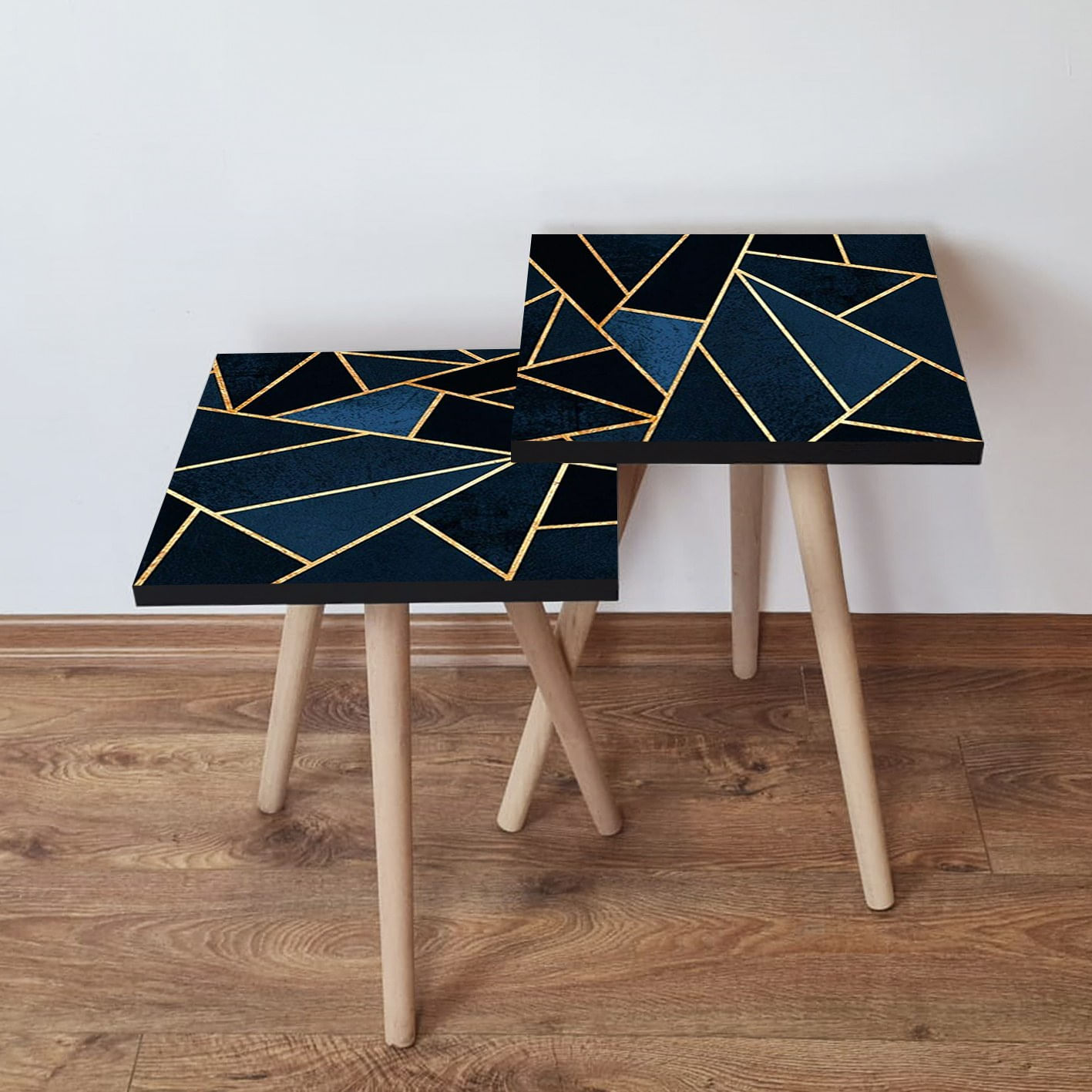 Set masute de cafea, Hanah Home, mdf, albastru marin si auriu, 35x35x47 cm, 35x35x42 cm