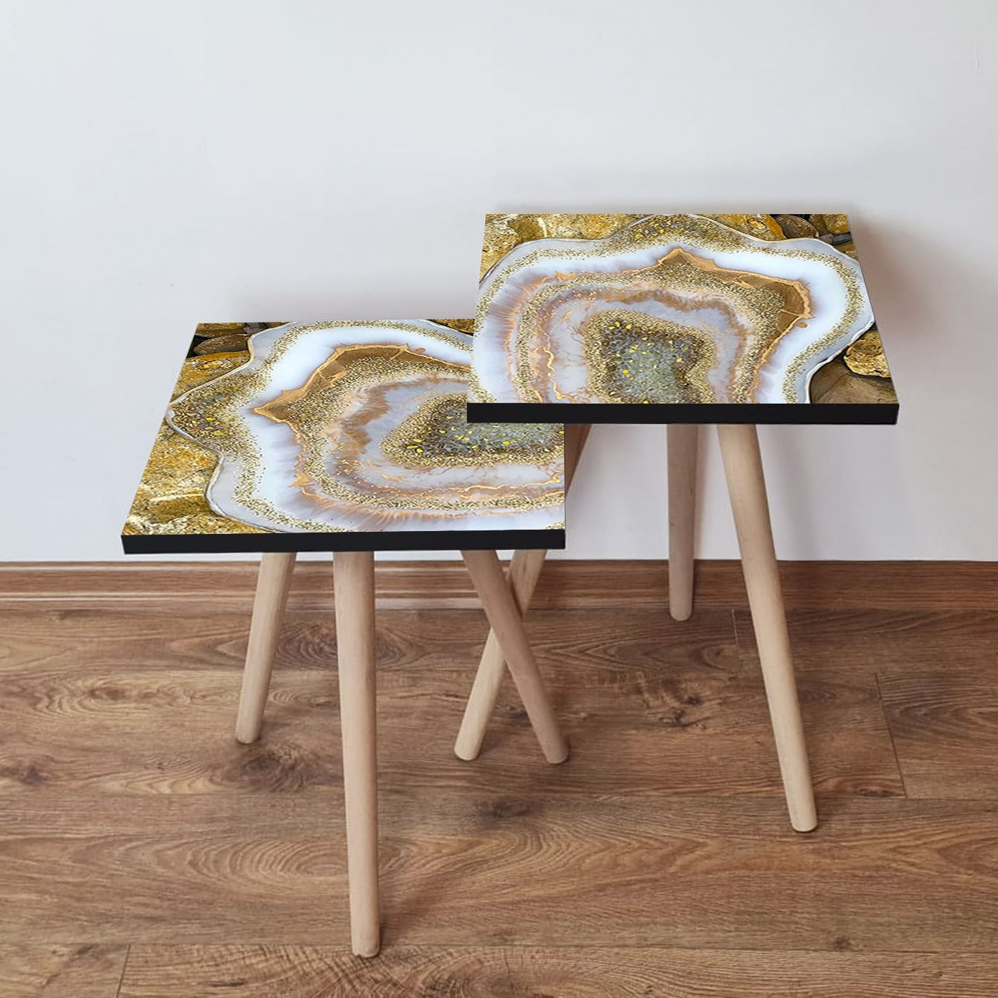 Set masute de cafea, Hanah Home, mdf, auriu alb bej, 35x35x47 cm, 35x35x42 cm