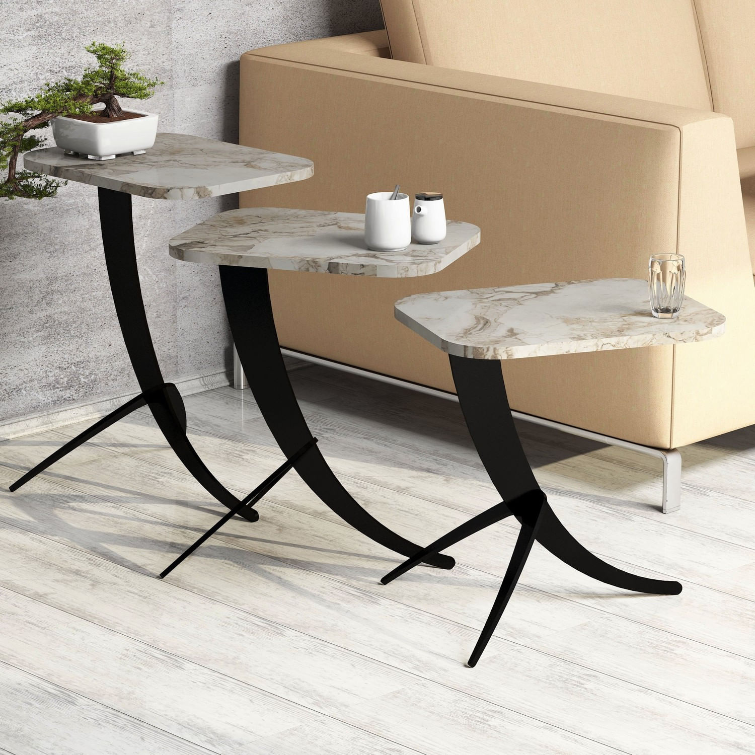 Set masute de cafea, Hanah Home, PAL melaminat, alb negru, 35x45x60 cm — imaginea 4
