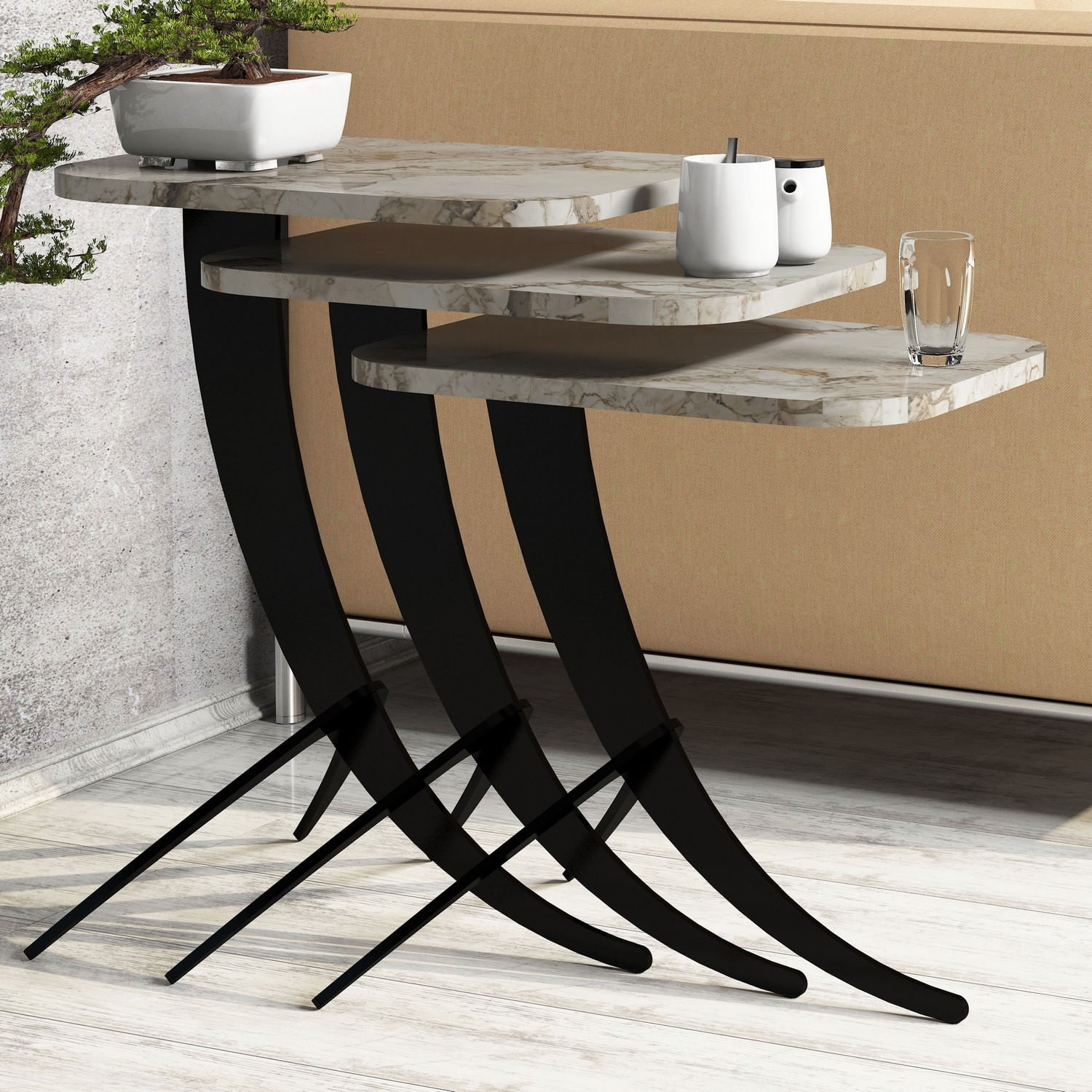 Set masute de cafea, Hanah Home, PAL melaminat, alb negru, 35x45x60 cm — imaginea 5