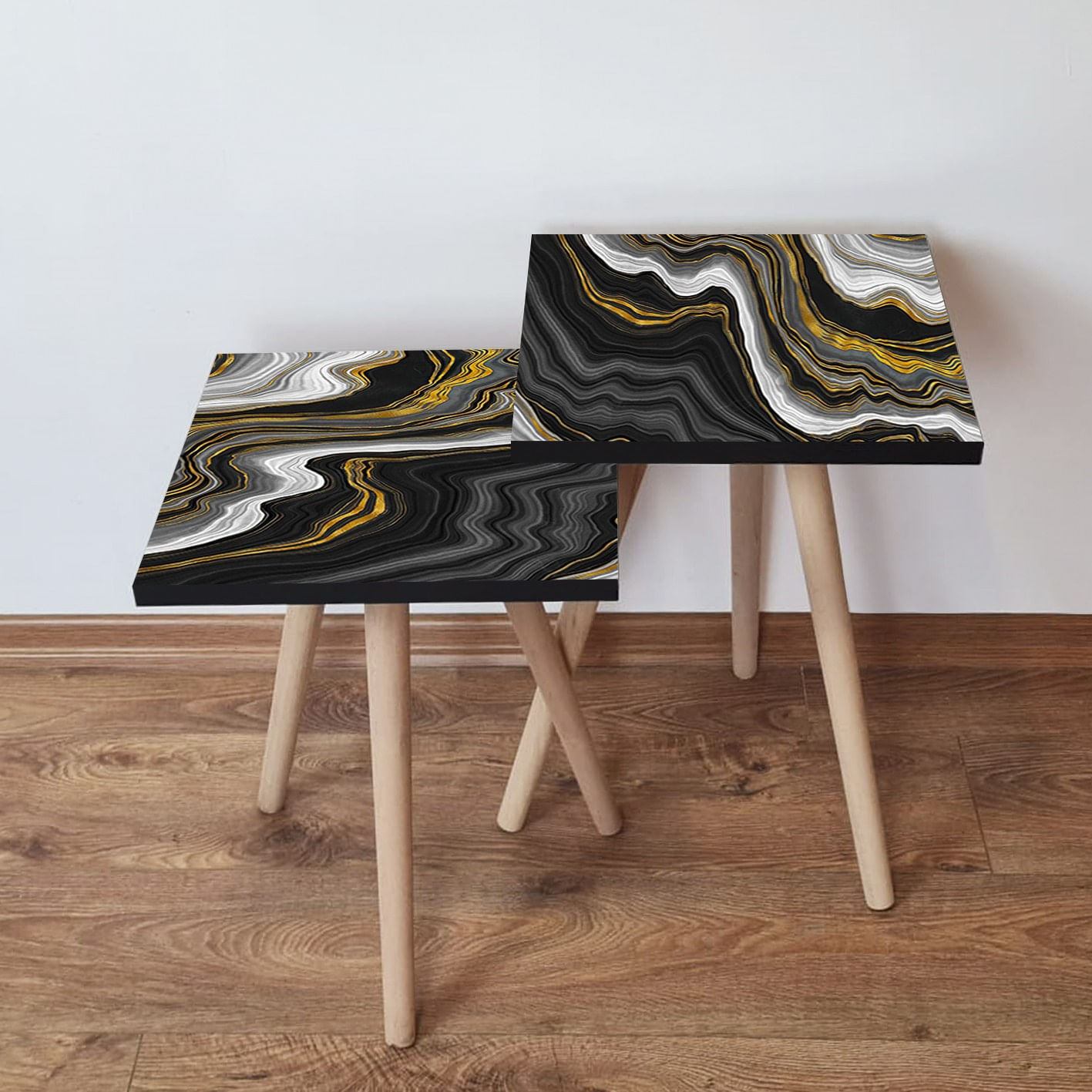 Set masute de cafea, Hanah Home, mdf, alb negru auriu, 35x35x47 cm, 35x35x42 cm