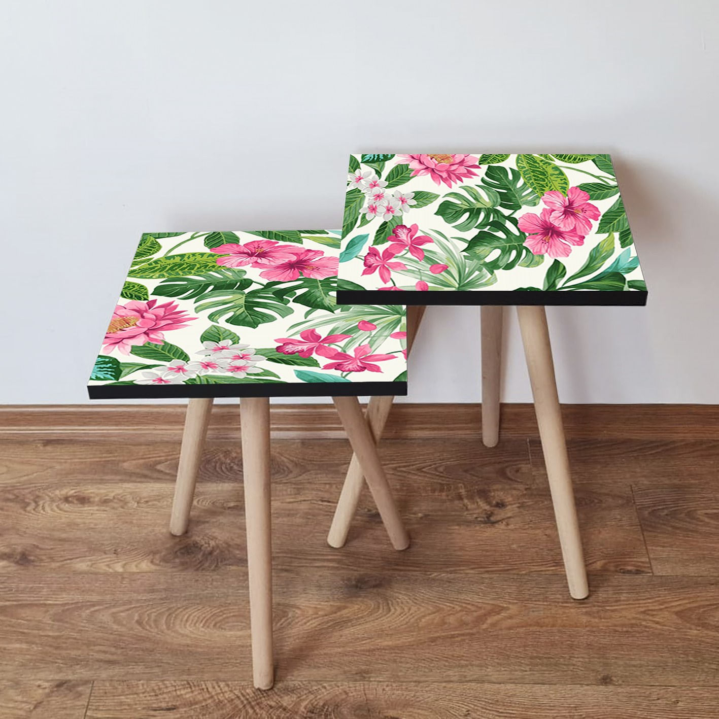 Set masute de cafea, Hanah Home, mdf, verde roz alb, 35x35x47 cm, picioare lemn fag