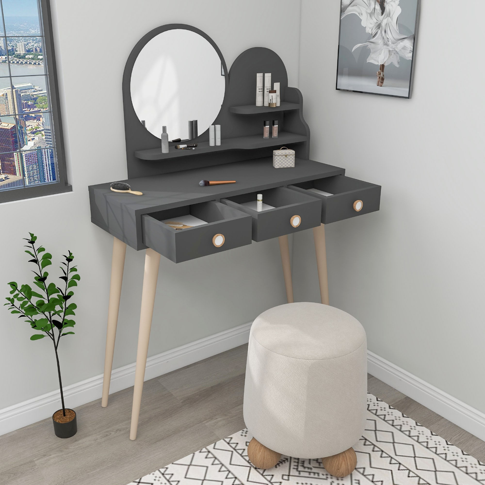 Masa de machiaj, Hanah Home, panou de particule melaminat, antracit, 74x35x130.8 cm — imaginea 2
