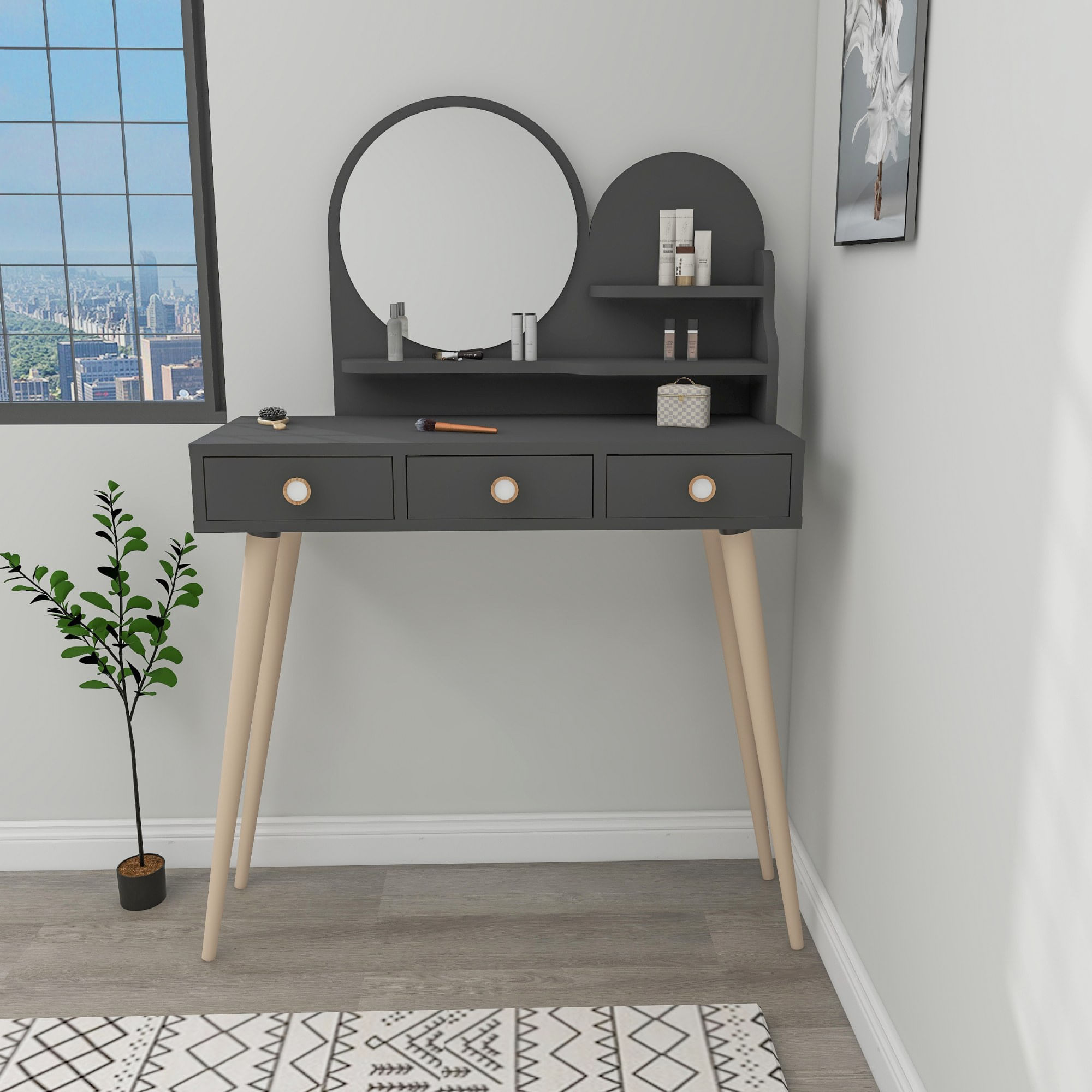 Masa de machiaj, Hanah Home, panou de particule melaminat, antracit, 74x35x130.8 cm — imaginea 3