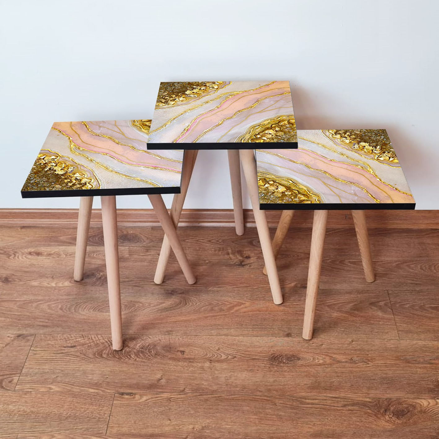 Set masute de cafea, Hanah Home, mdf, somon auriu alb, 35x35x52 cm