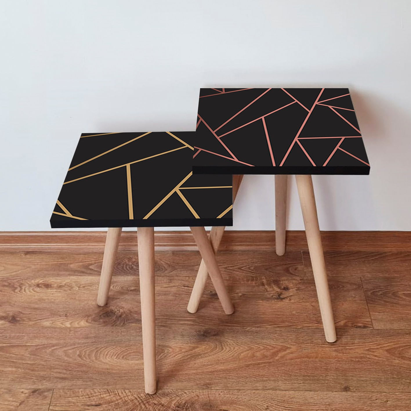 Set masute de cafea, Hanah Home, mdf, negru auriu roz, 35x35x47 cm, picioare lemn fag