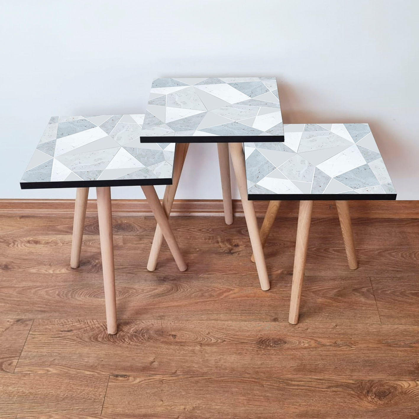 Set masute suprapuse, Hanah Home, mdf, albastru deschis gri alb, 35x35x52 cm