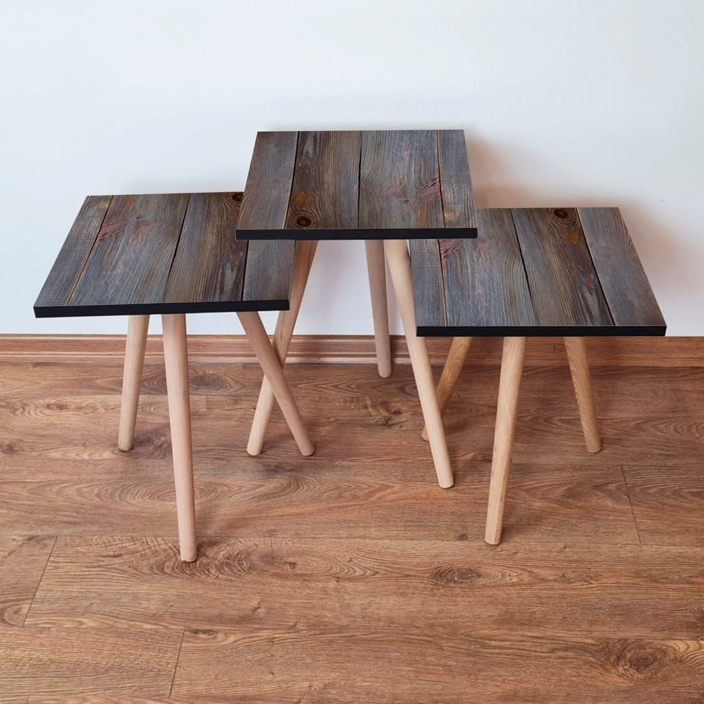 Set masute de cafea, Hanah Home, mdf, gri si maro, picioare lemn fag, 35x52x35 cm