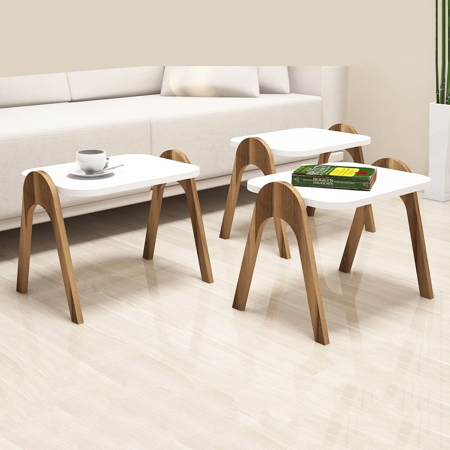 Set mese cuib, Hanah Home, panou aglomerat melaminat, nuc si alb, 48.6x42x35.5 cm (3 bucati) — imaginea 3