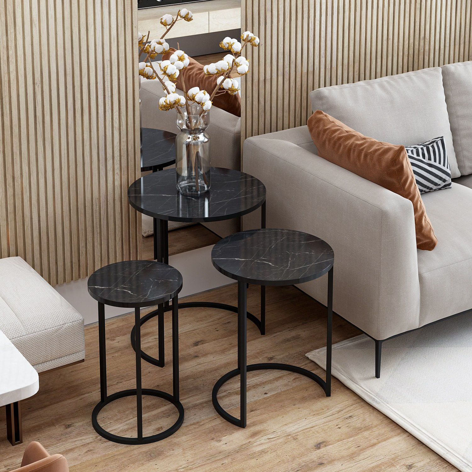 Set masute de cafea, Hanah Home, pal melaminat, negru, cadru metalic, 3 bucati — imaginea 4