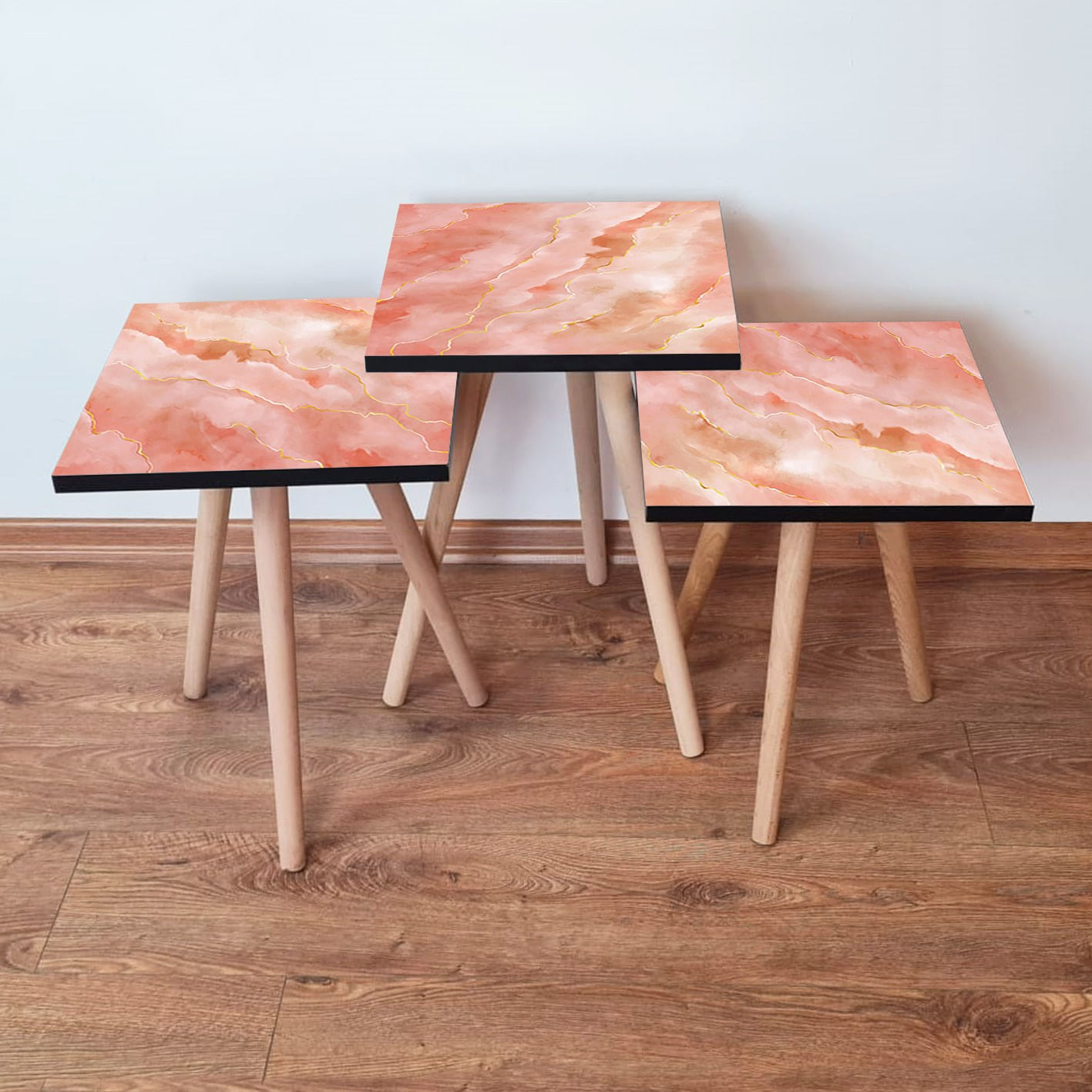 Set masute cuib, Hanah Home, mdf, somon si auriu, 35x35x52 cm