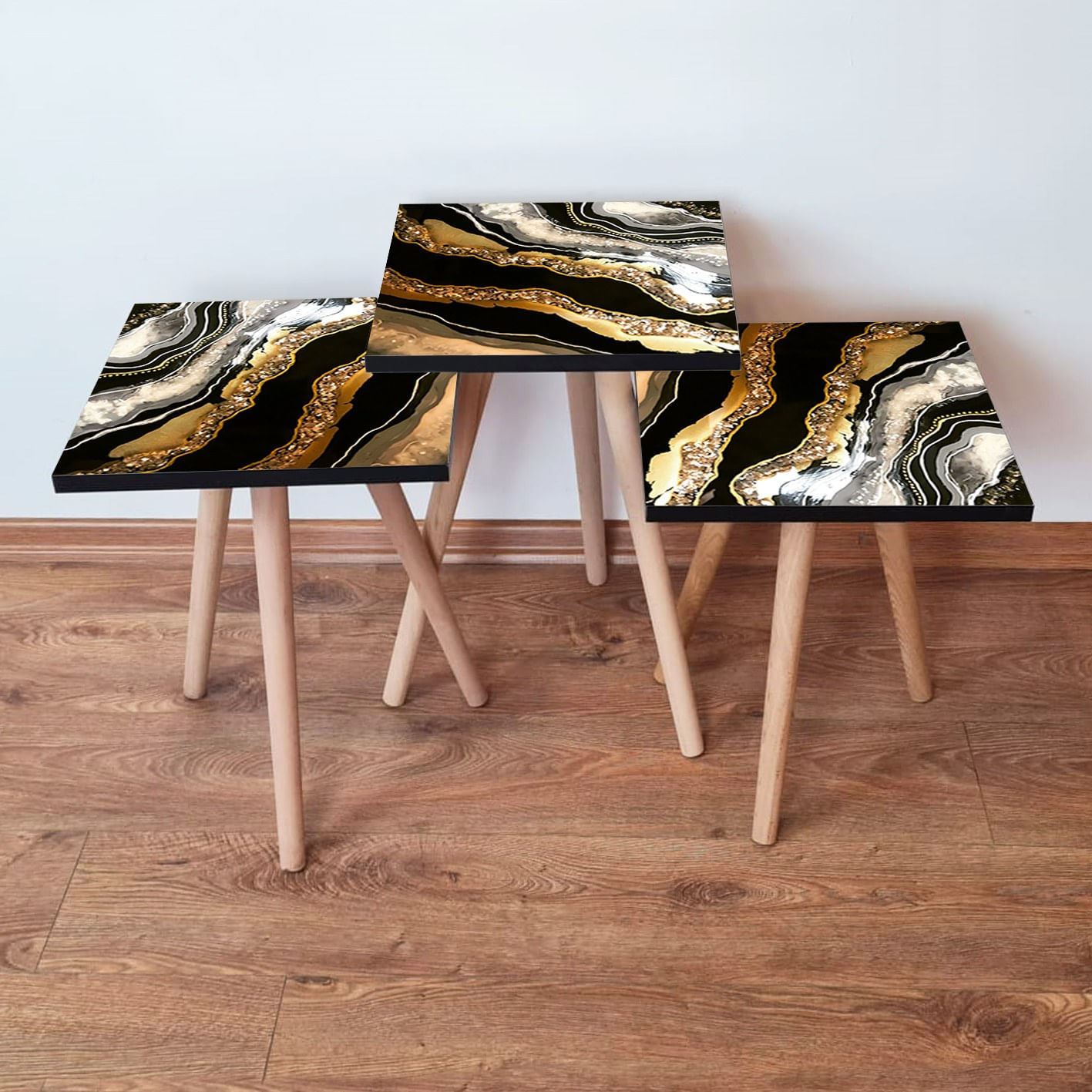 Set masute de cafea, Hanah Home, mdf, negru auriu alb, picioare lemn fag, 35x35x52 cm