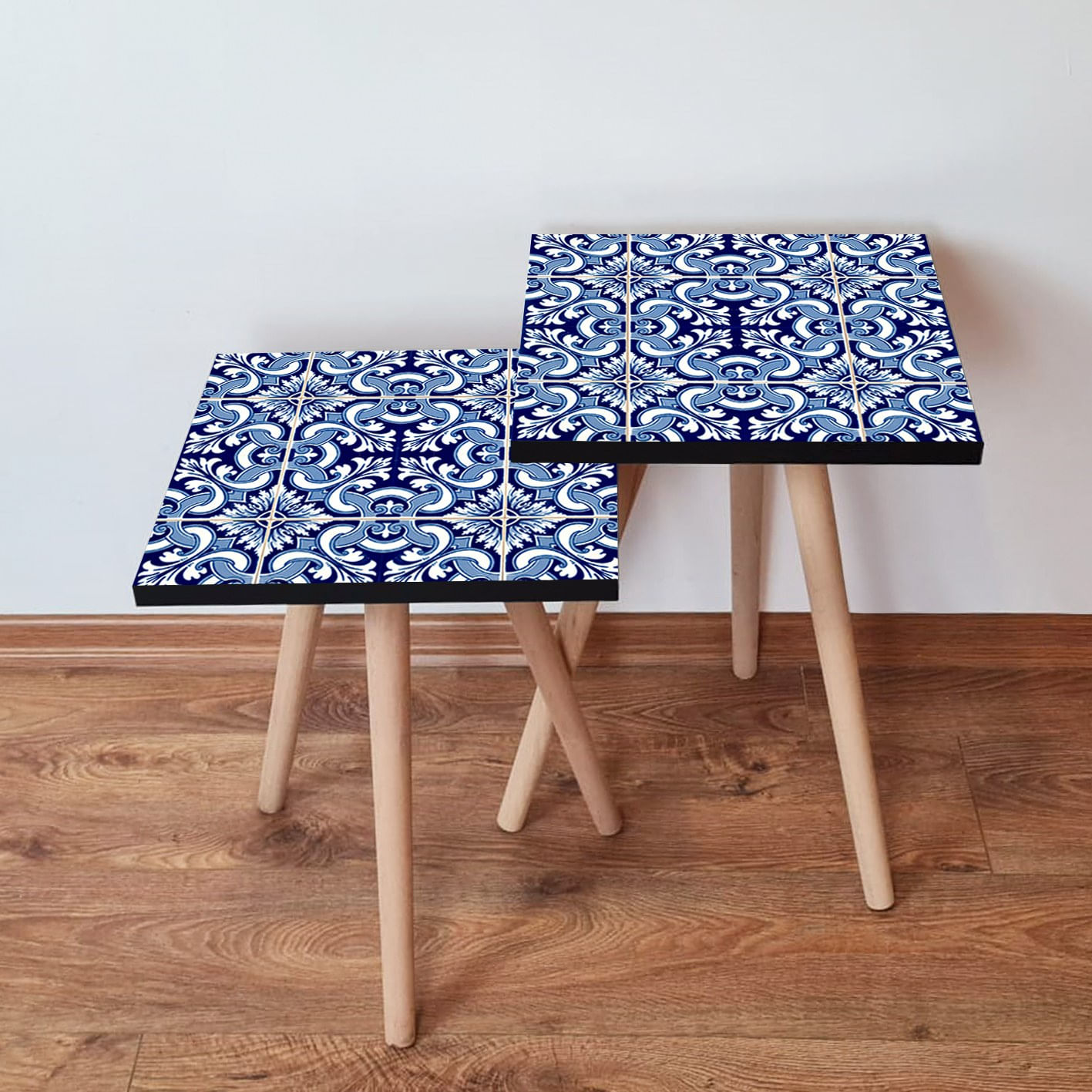 Set masute de cafea, Hanah Home, mdf, albastru marin, albastru, alb, 35x35x47 cm, 2 piese