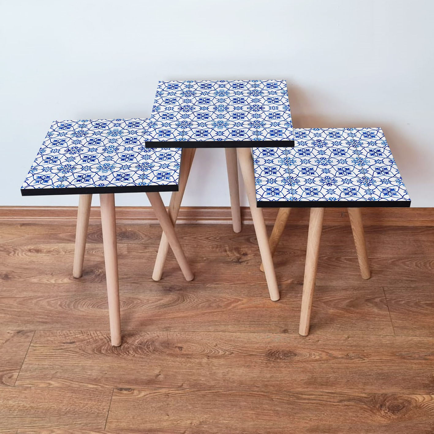 Set masute de cafea, Hanah Home, mdf, albastru marin si alb, 3 piese, 35x35x52 cm