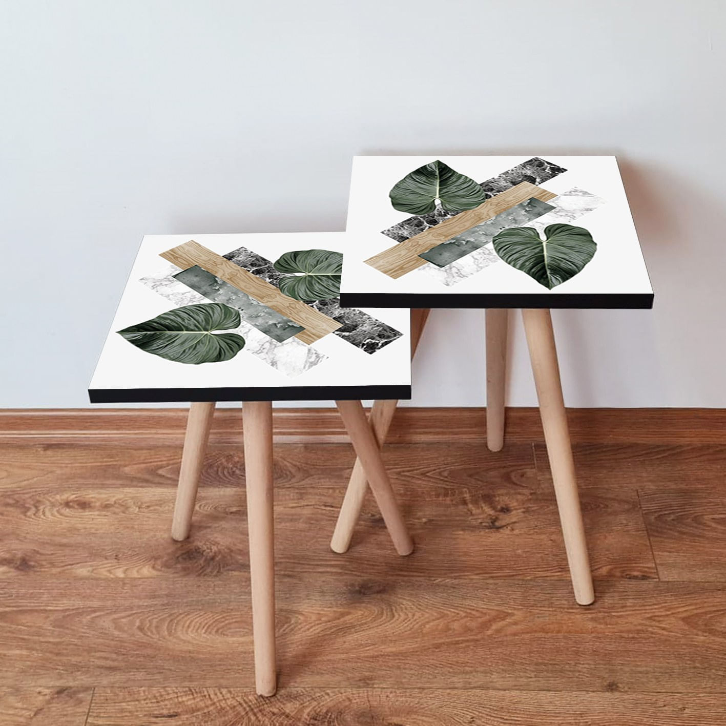 Set masute de cafea suprapuse, Hanah Home, mdf, alb, verde, bej, negru, 35x35x47 cm, picioare lemn fag