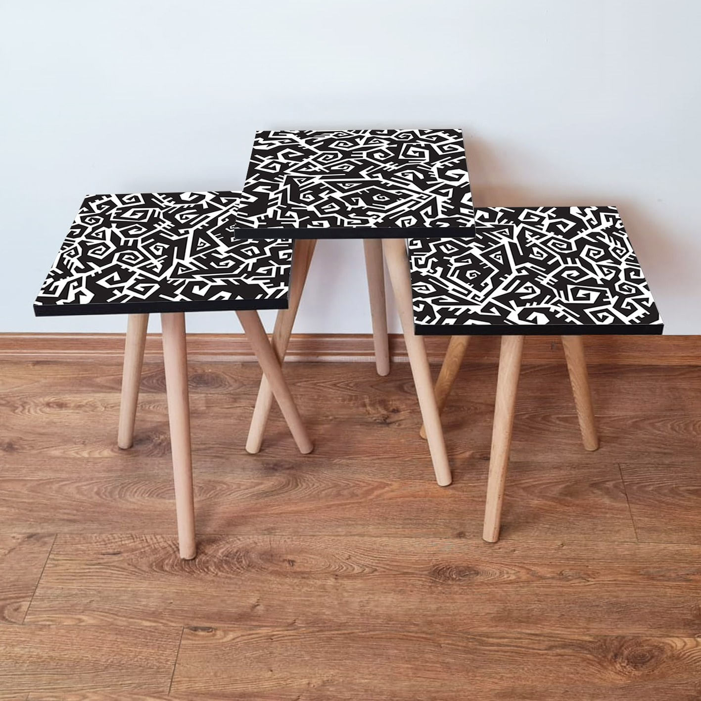Set masute de cafea, Hanah Home, mdf, negru alb, 35x35x52 cm