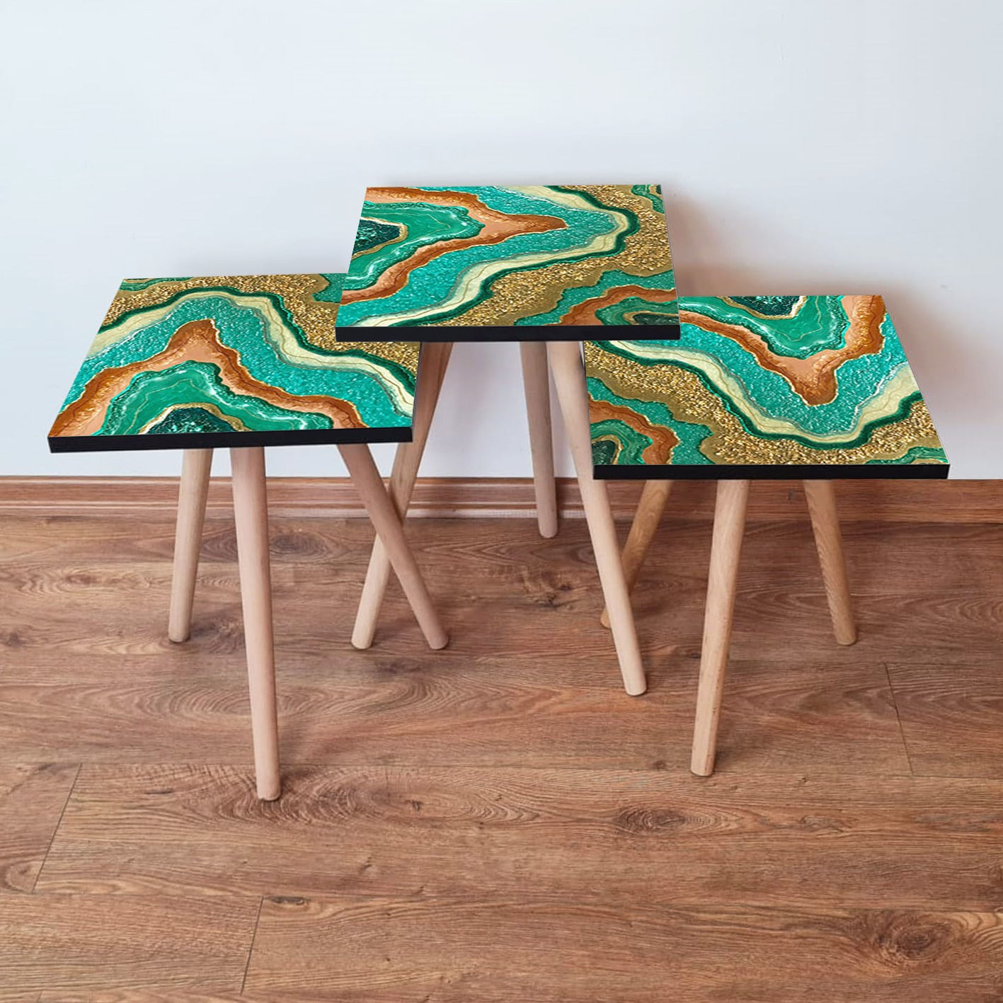 Set masute de cafea cuib, Hanah Home, mdf, multicolor, picioare fag, 3 bucati