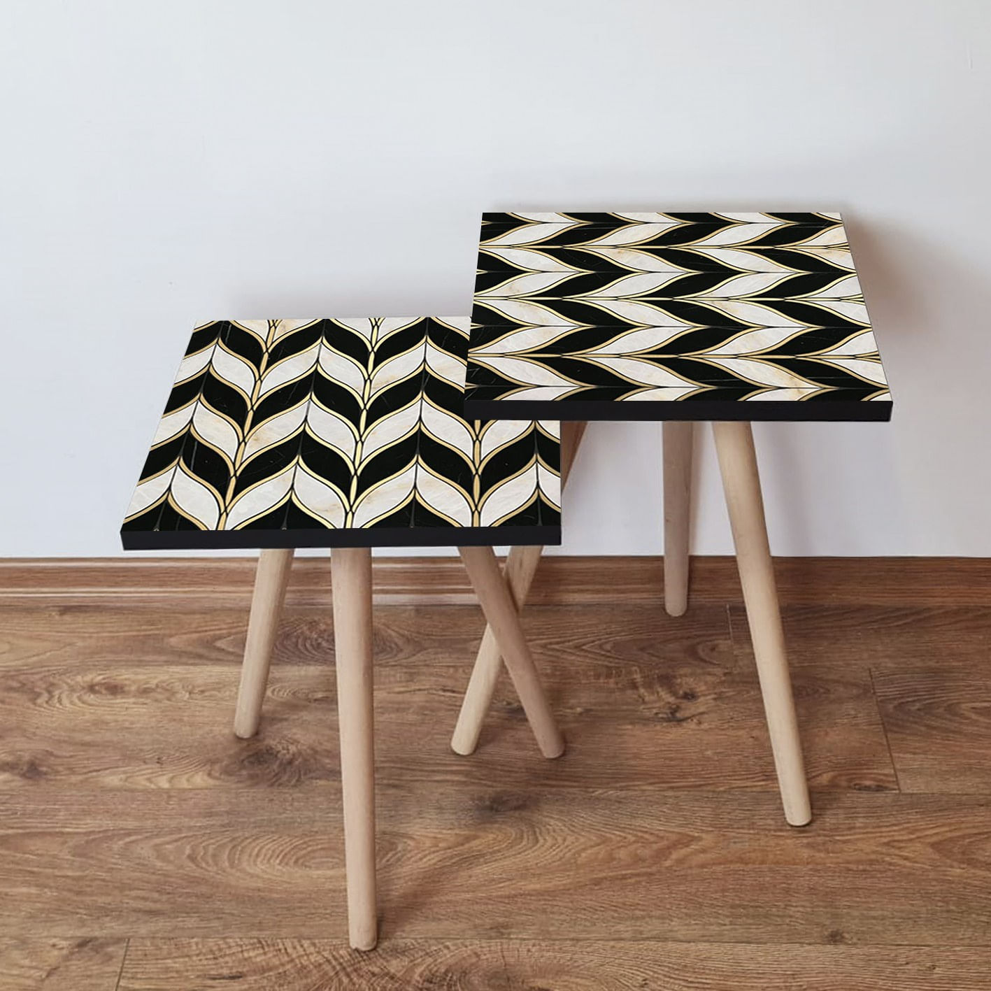 Set masute cuib, Hanah Home, mdf, alb negru auriu, 35x35x47 cm, 2 piese