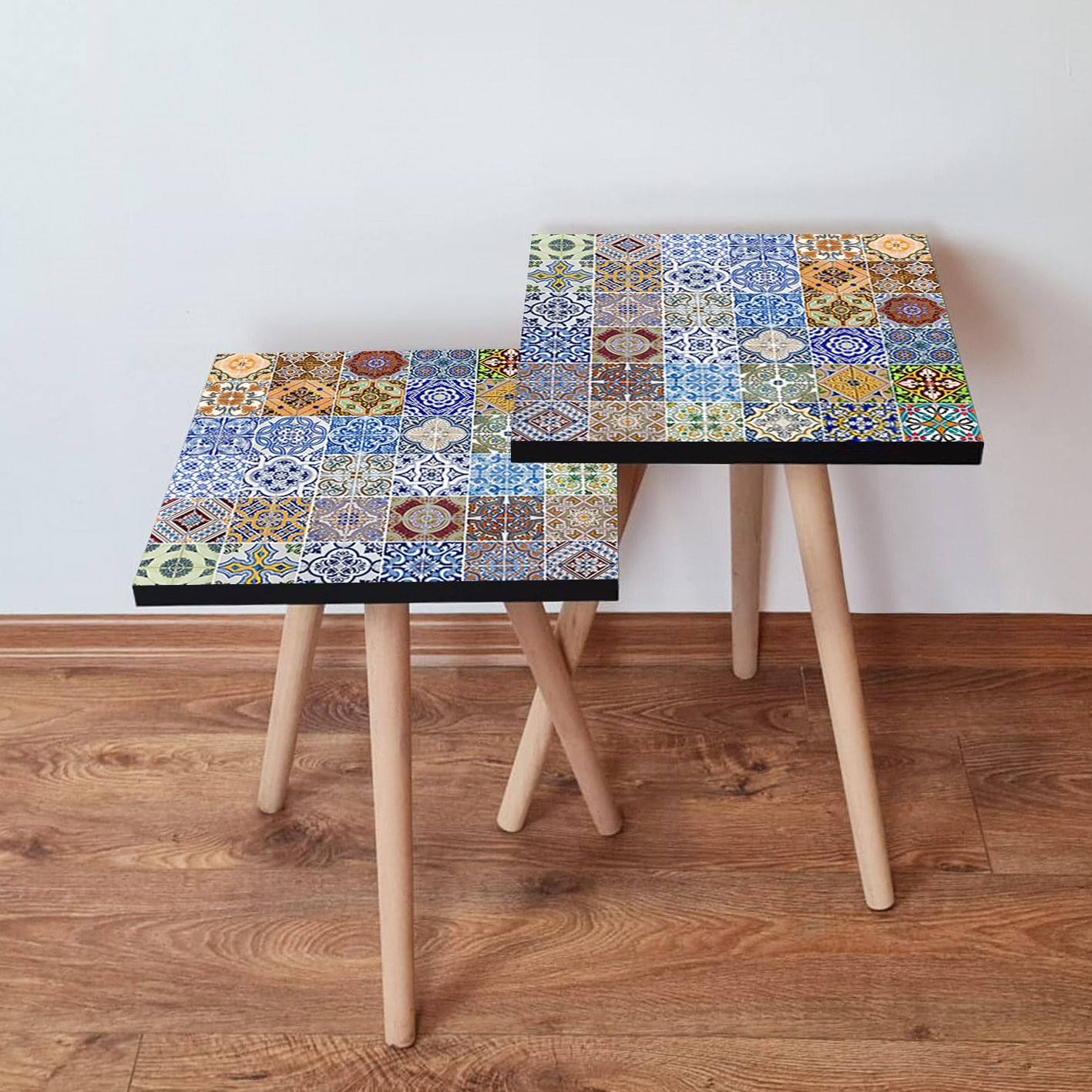 Set masute de cafea tip cuib, Hanah Home, mdf, multicolor, 35x35x47 cm, picioare lemn fag