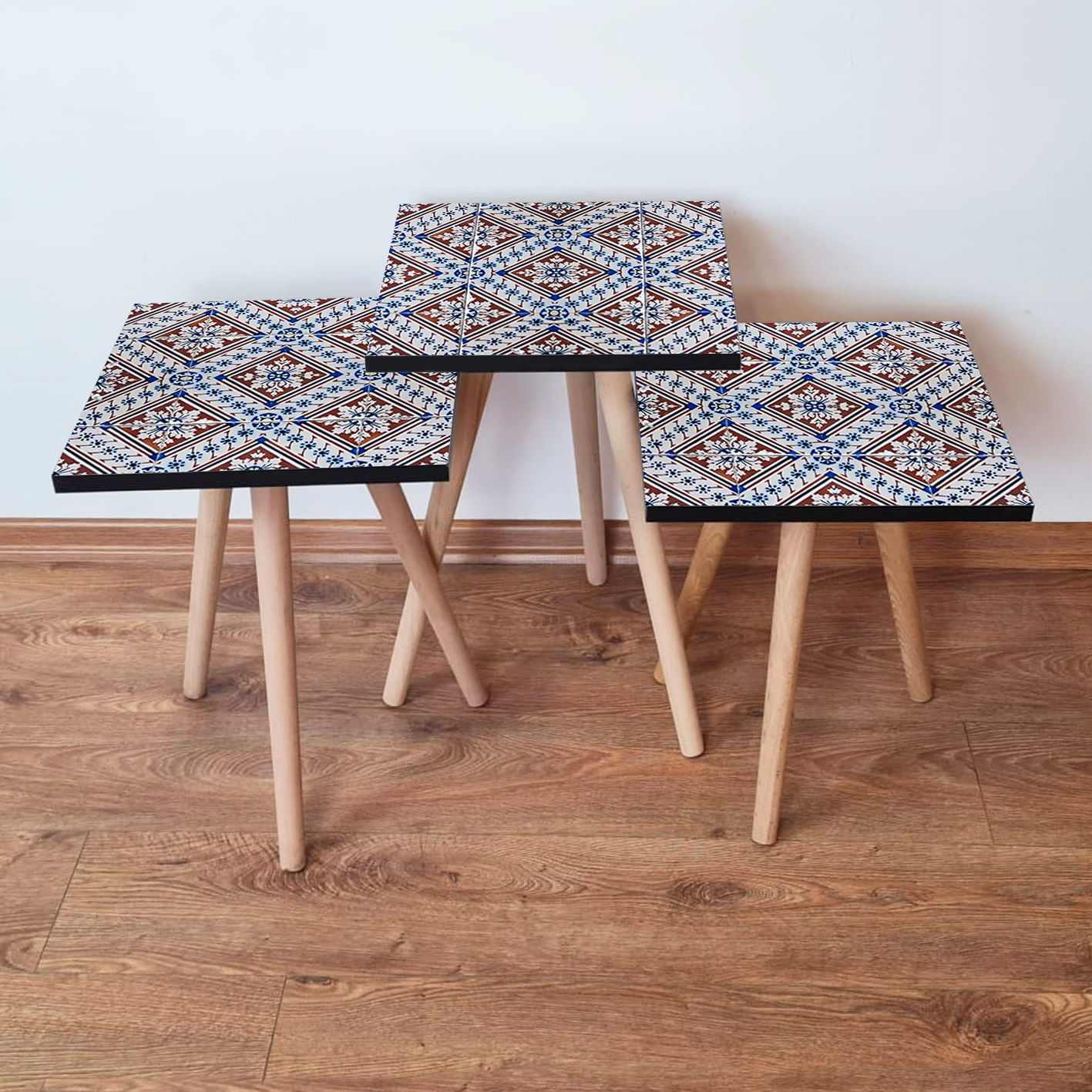 Set masute de cafea, Hanah Home, mdf, albastru marin, albastru, rosu bordo, 35x35x52 cm