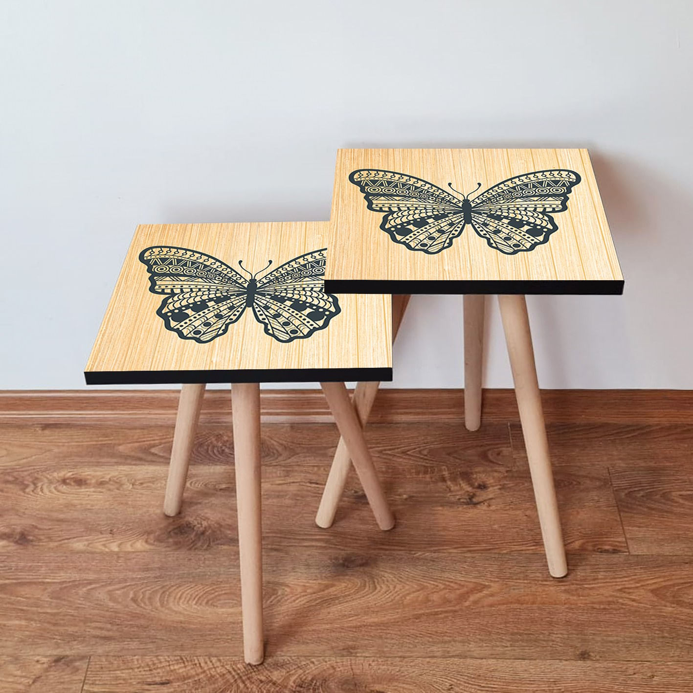 Set masute de cafea, Hanah Home, mdf, bej si negru, 35x35x47 cm, picioare lemn fag
