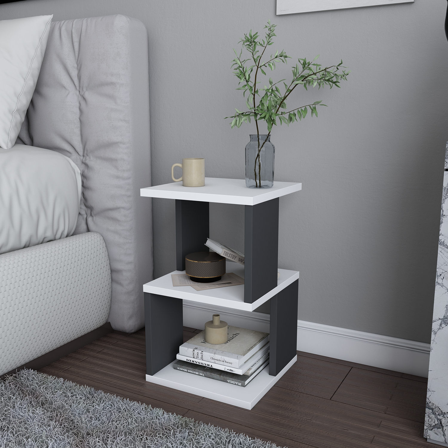 Noptiera, Hanah Home, pal melaminat, alb si antracit, 29.6x29.6x49.4 cm — imaginea 5