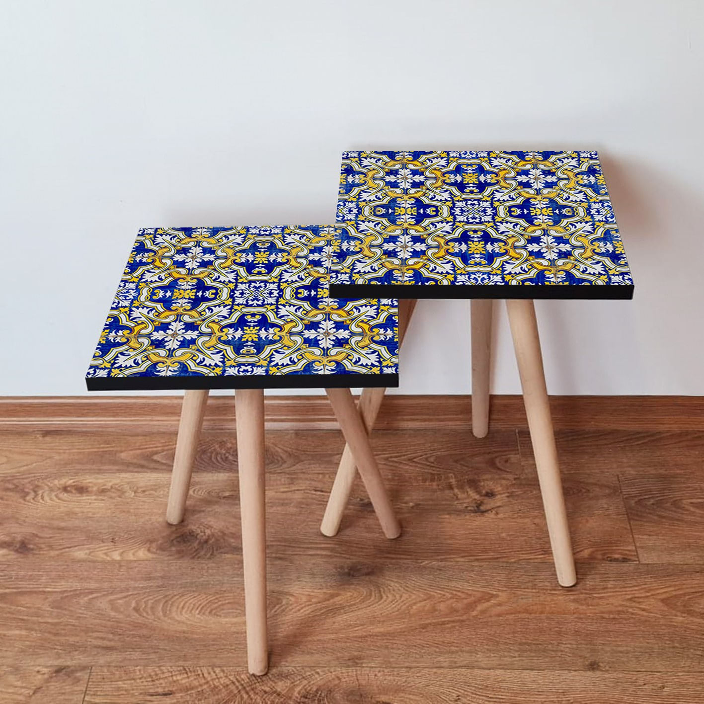 Set masute de cafea, Hanah Home, mdf, albastru marin si galben, 35x47x35 cm si 35x42x35 cm