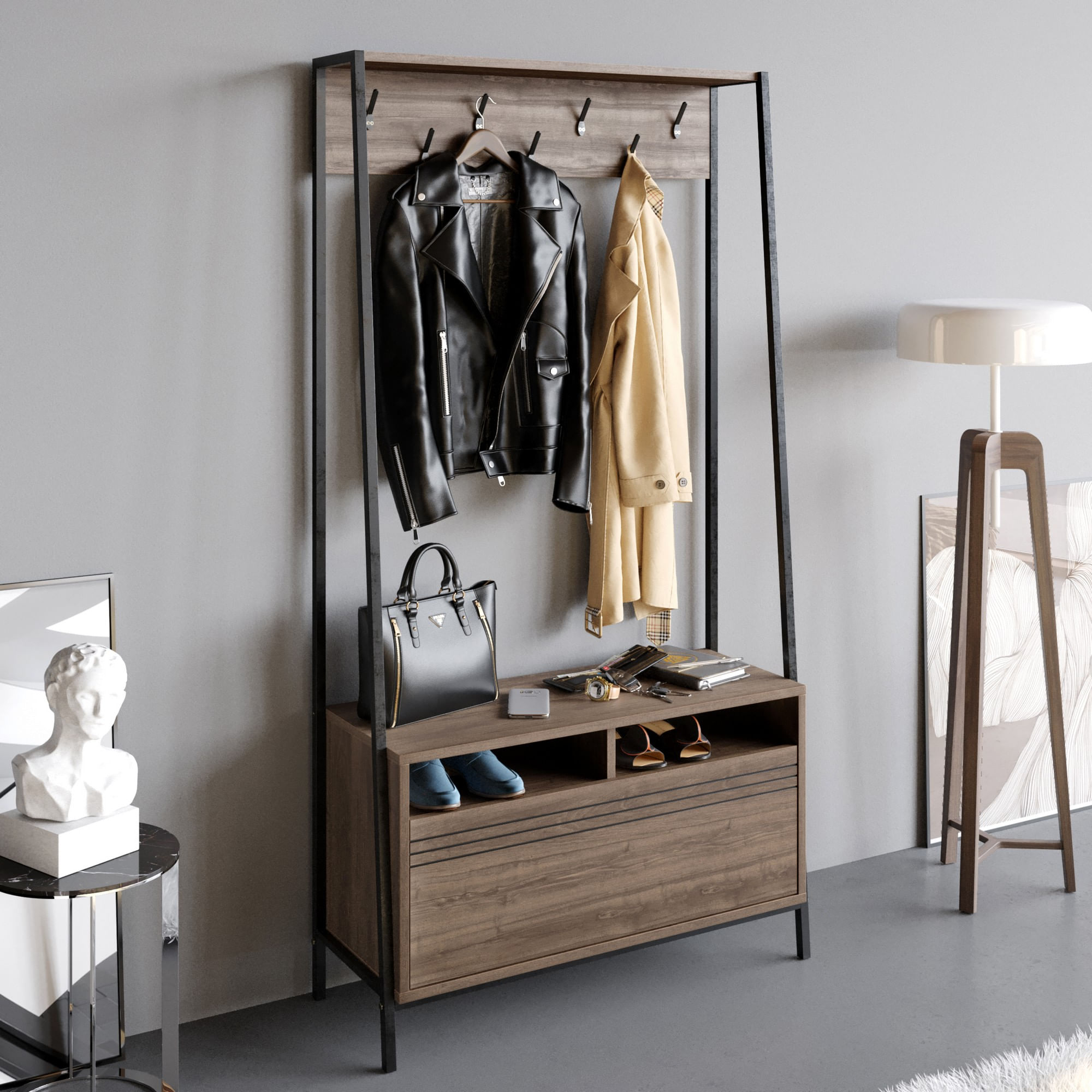 Cuier, Hanah Home, pal melaminat, nuc si negru, 94x35.3x180 cm — imaginea 4