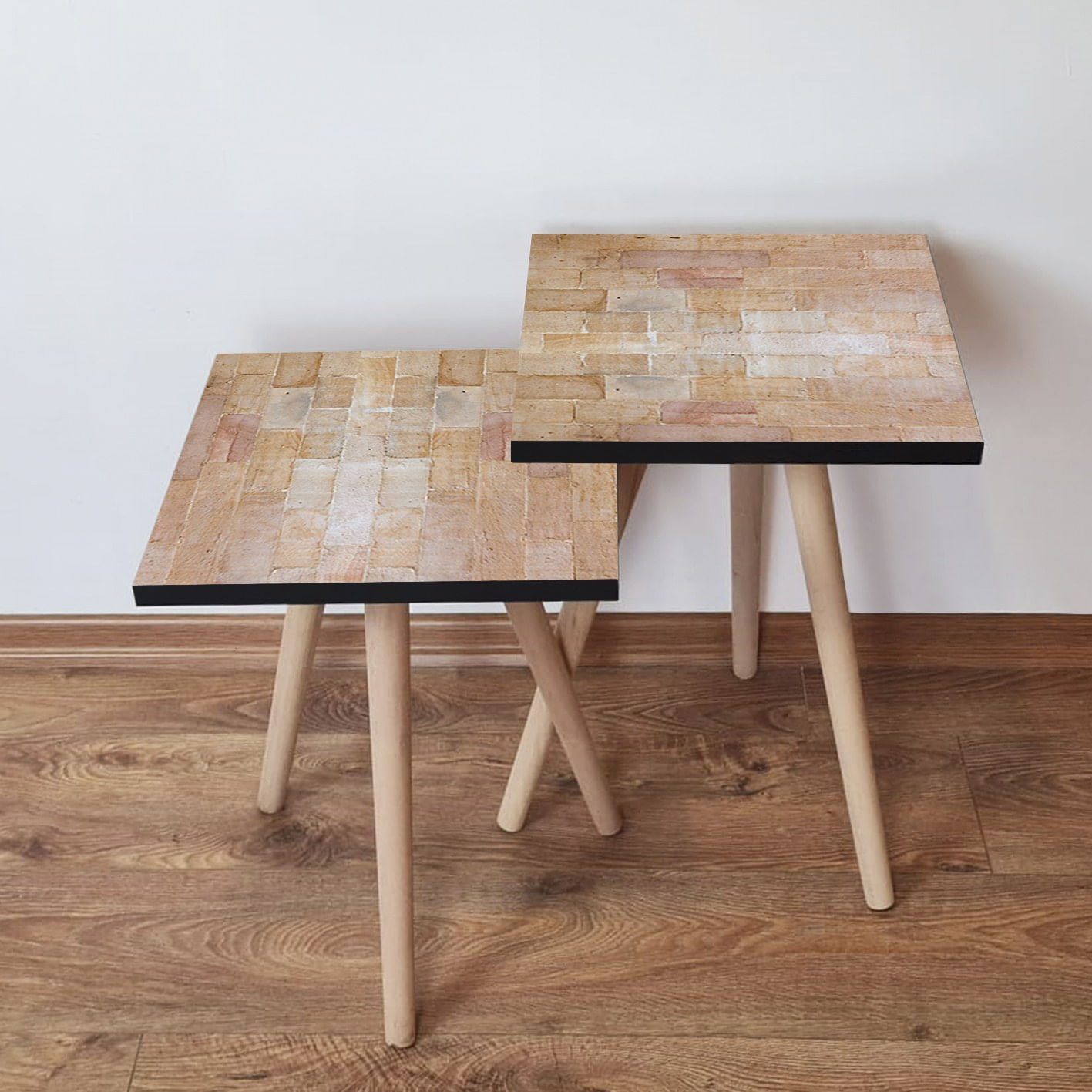 Set masute de cafea, Hanah Home, mdf, bej alb, 35x35x47 cm, picioare lemn fag