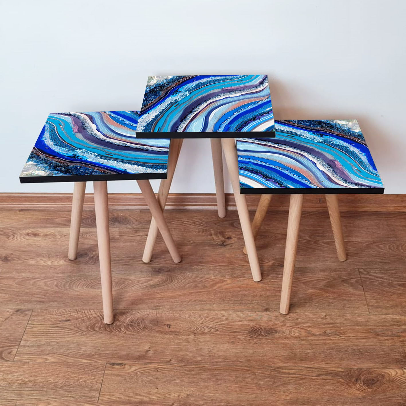 Set masute cuib, Hanah Home, mdf, albastru marin, albastru, alb, mov, 35x35x52 cm