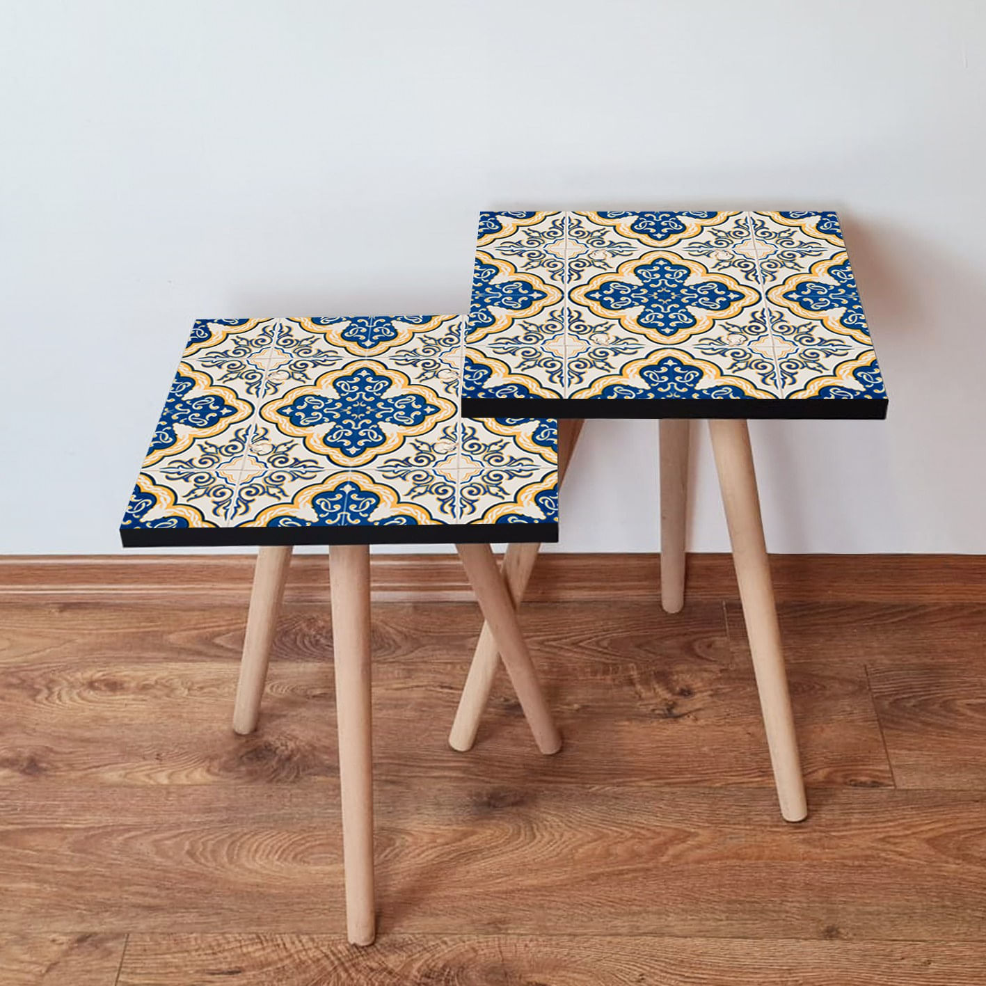 Set masute de cafea, Hanah Home, mdf, albastru marin galben alb, 35x35x47 cm