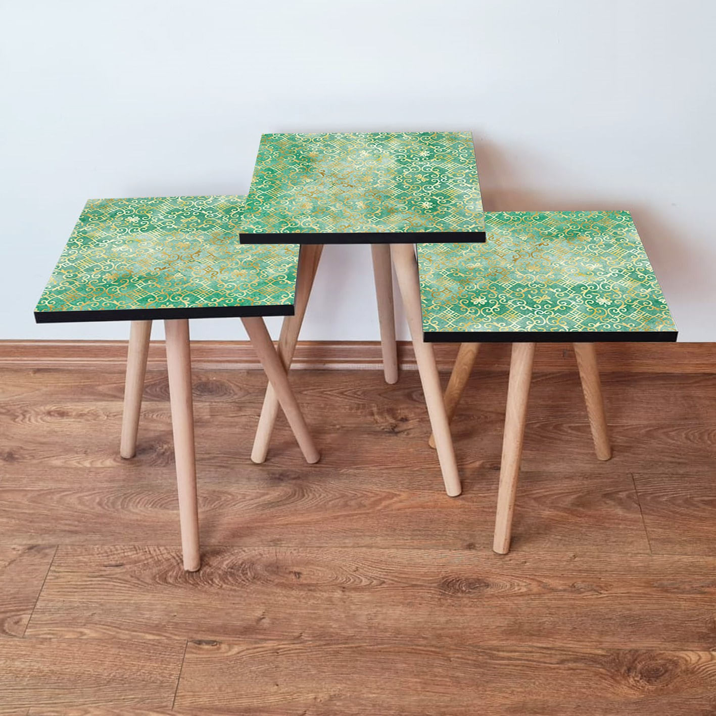 Set masute de cafea, Hanah Home, mdf, verde auriu alb, 35x35x52 cm