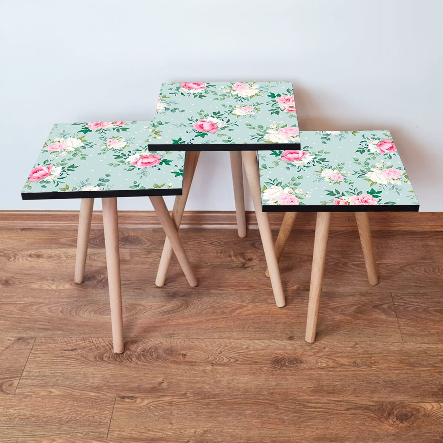 Set masute de cafea, Hanah Home, mdf, verde roz crem, 35x35x52 cm